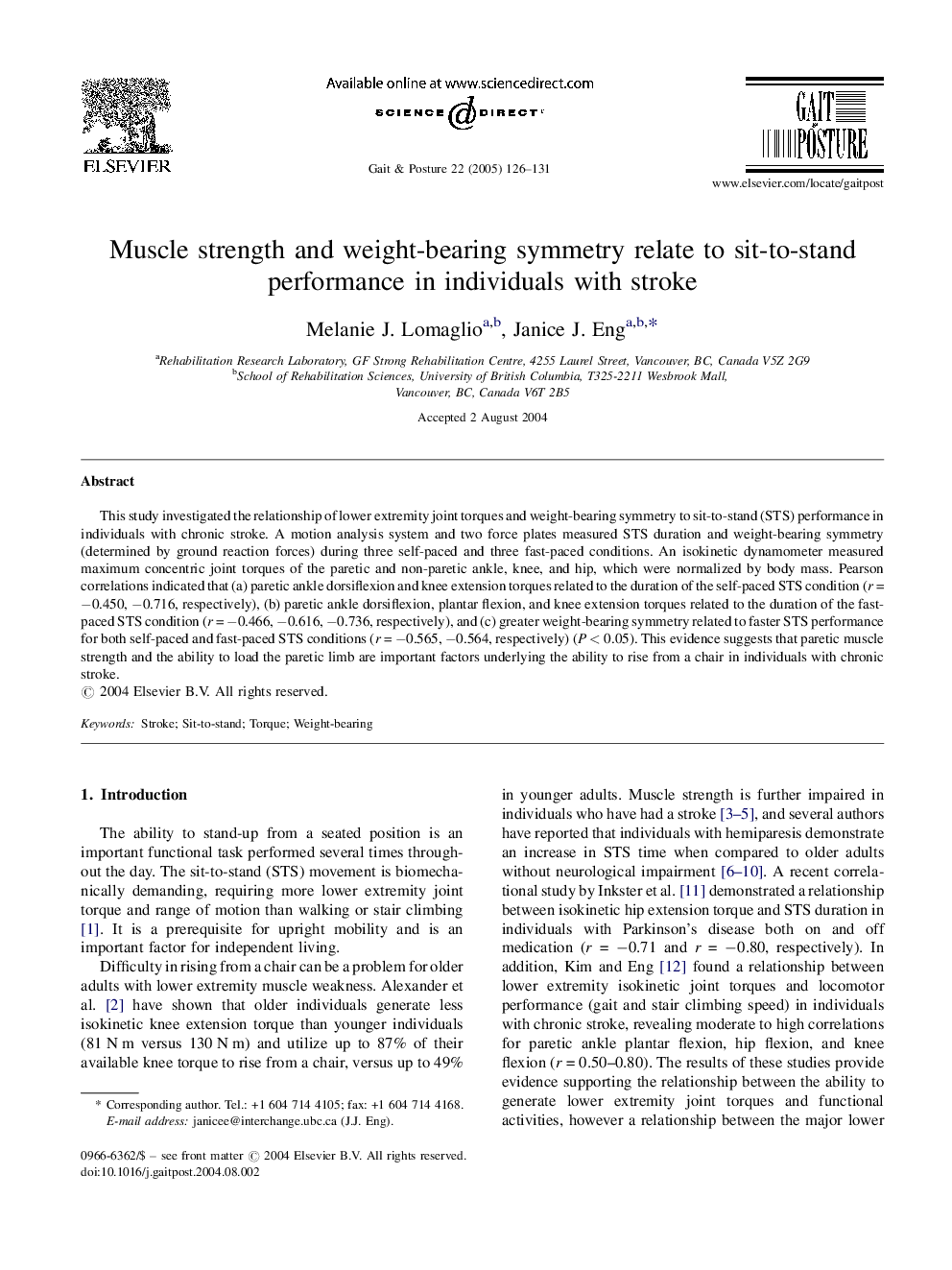 Muscle strength and weight-bearing symmetry relate to sit-to-stand performance in individuals with stroke