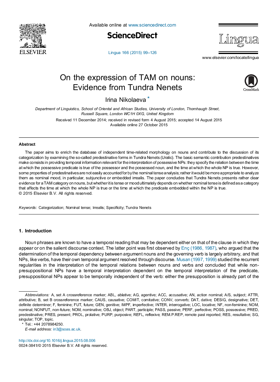 On the expression of TAM on nouns: Evidence from Tundra Nenets