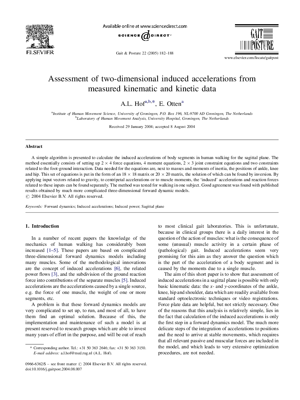 Assessment of two-dimensional induced accelerations from measured kinematic and kinetic data