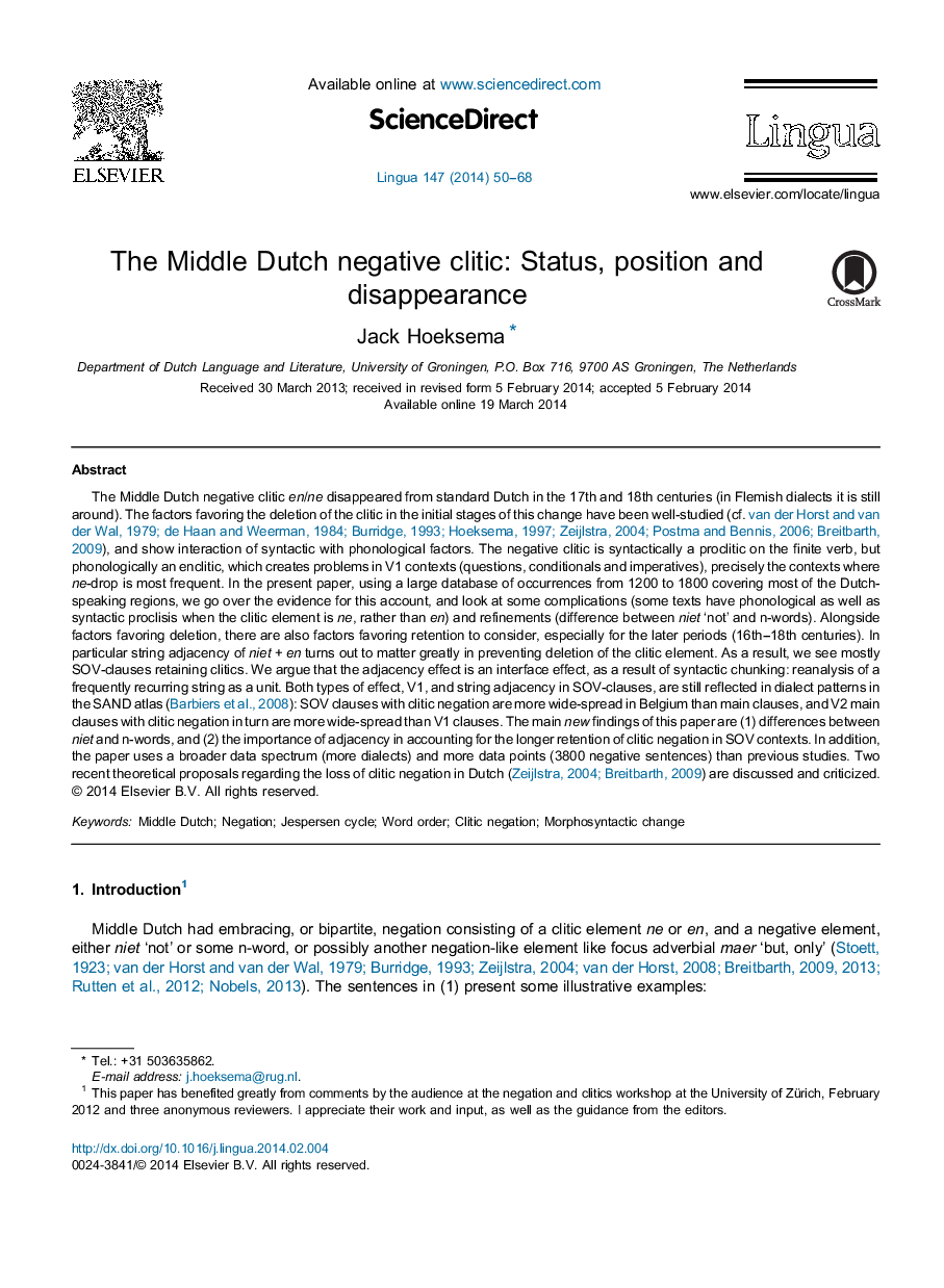 The Middle Dutch negative clitic: Status, position and disappearance