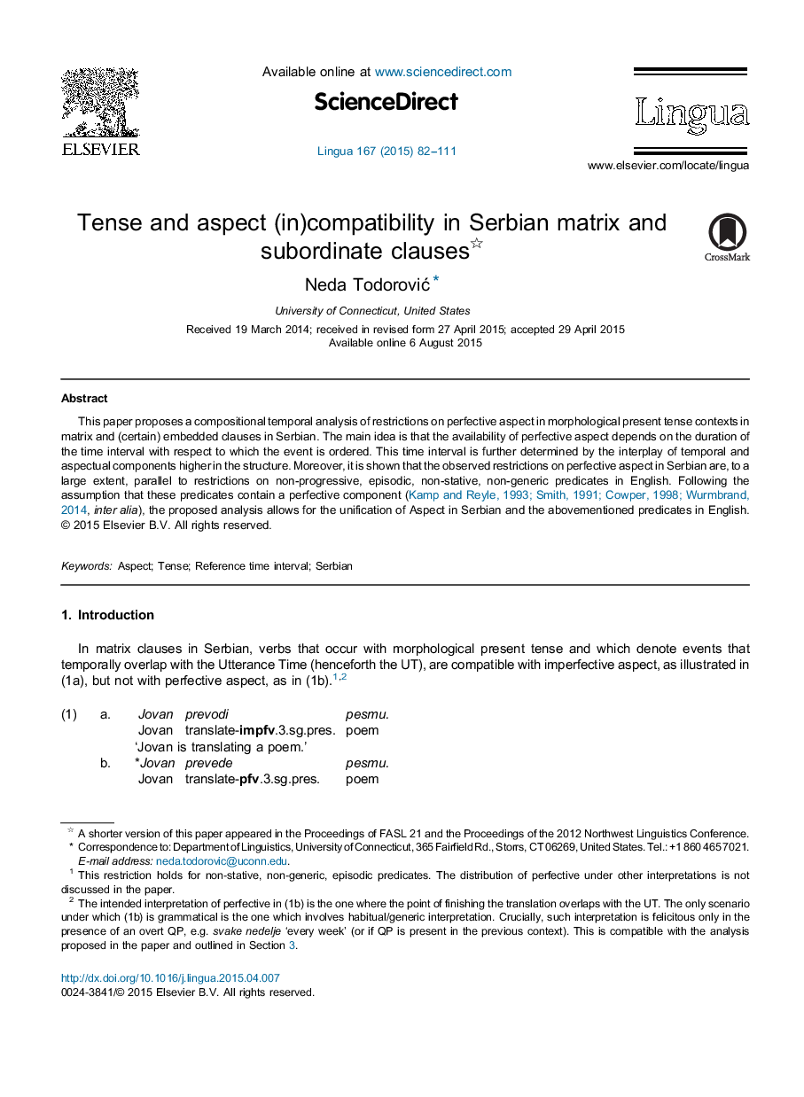 Tense and aspect (in)compatibility in Serbian matrix and subordinate clauses 