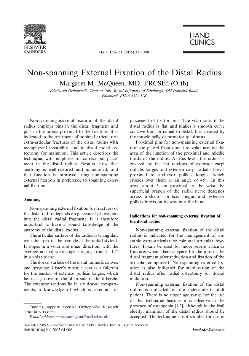 Non-spanning External Fixation of the Distal Radius