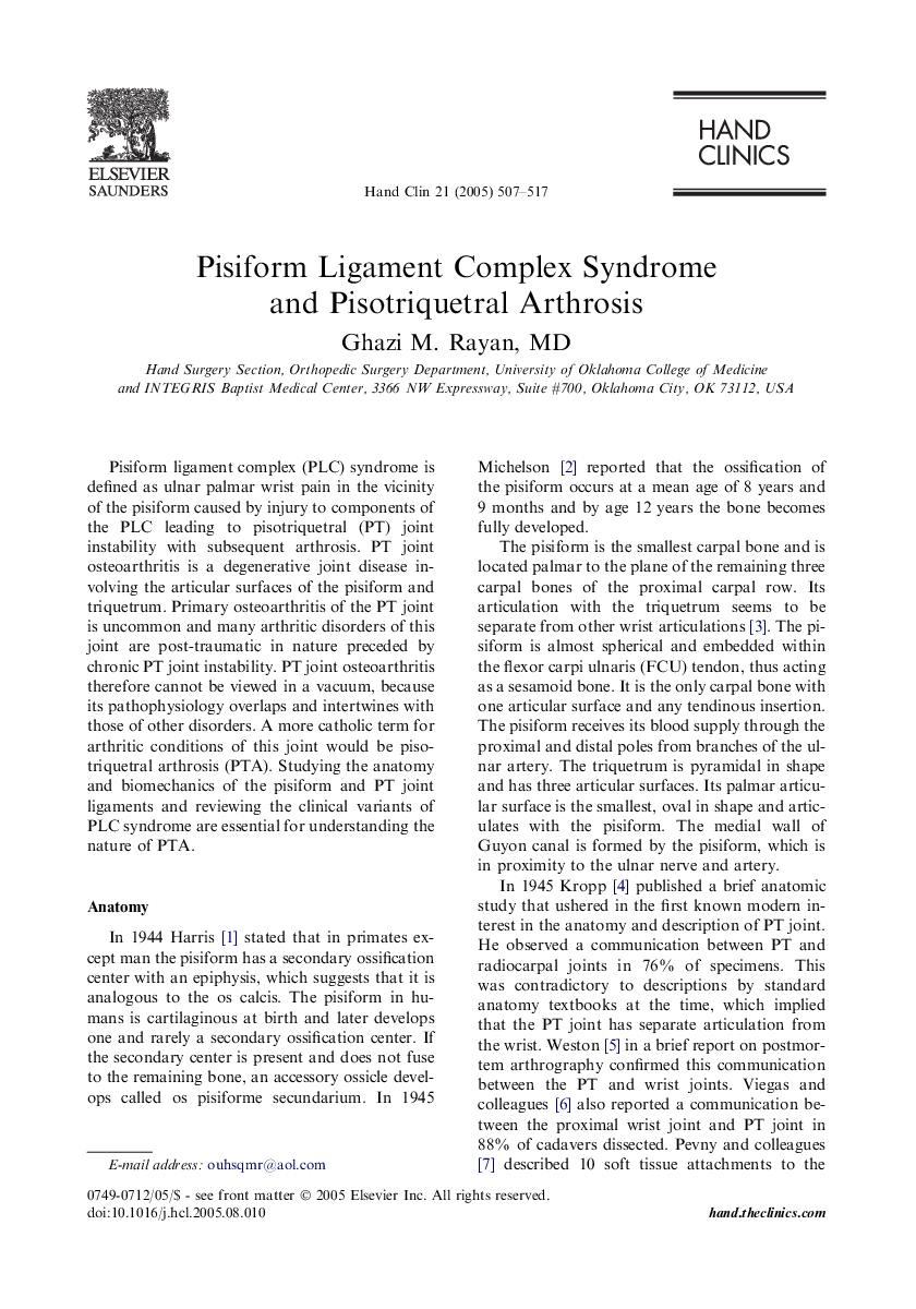 Pisiform Ligament Complex Syndrome and Pisotriquetral Arthrosis