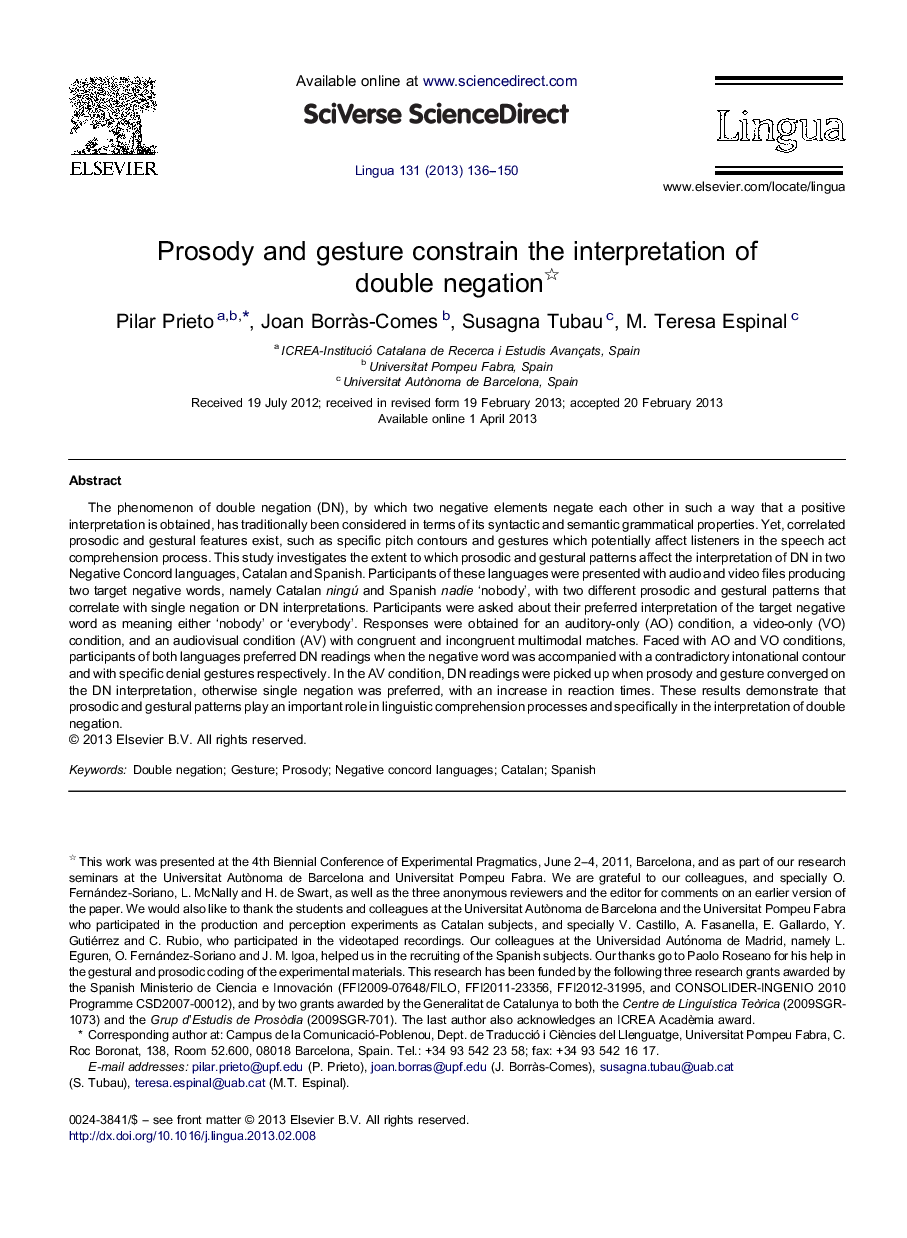 Prosody and gesture constrain the interpretation of double negation 