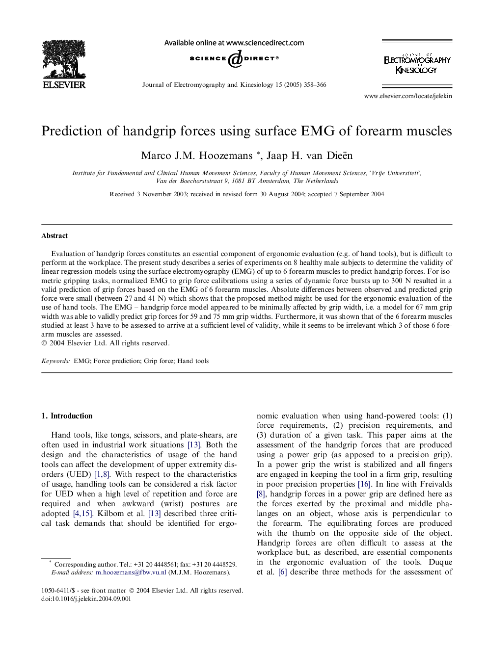 Prediction of handgrip forces using surface EMG of forearm muscles