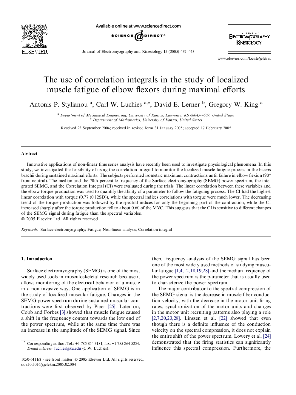 The use of correlation integrals in the study of localized muscle fatigue of elbow flexors during maximal efforts