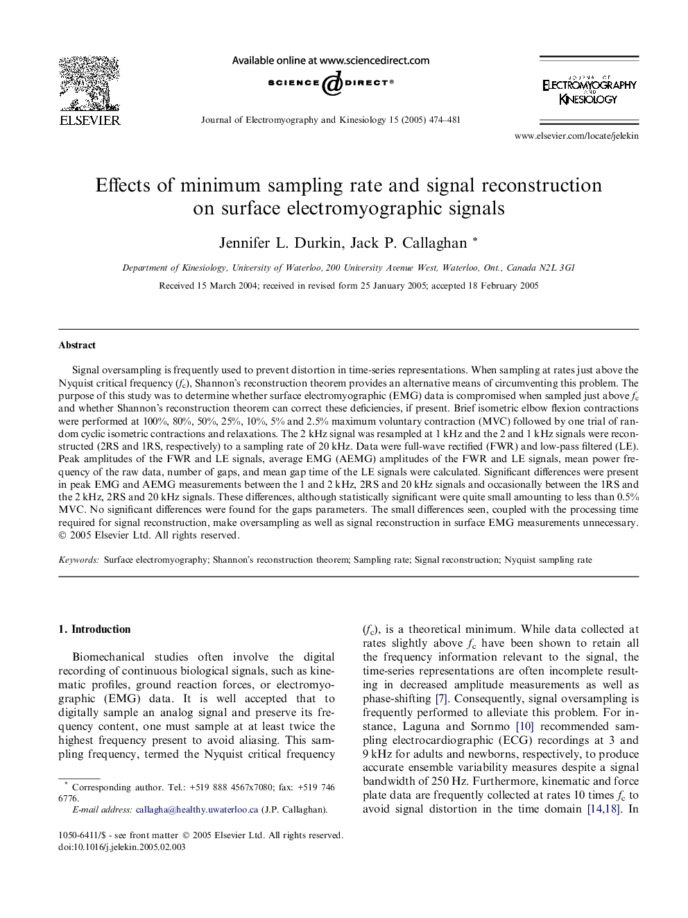 Effects of minimum sampling rate and signal reconstruction on surface electromyographic signals