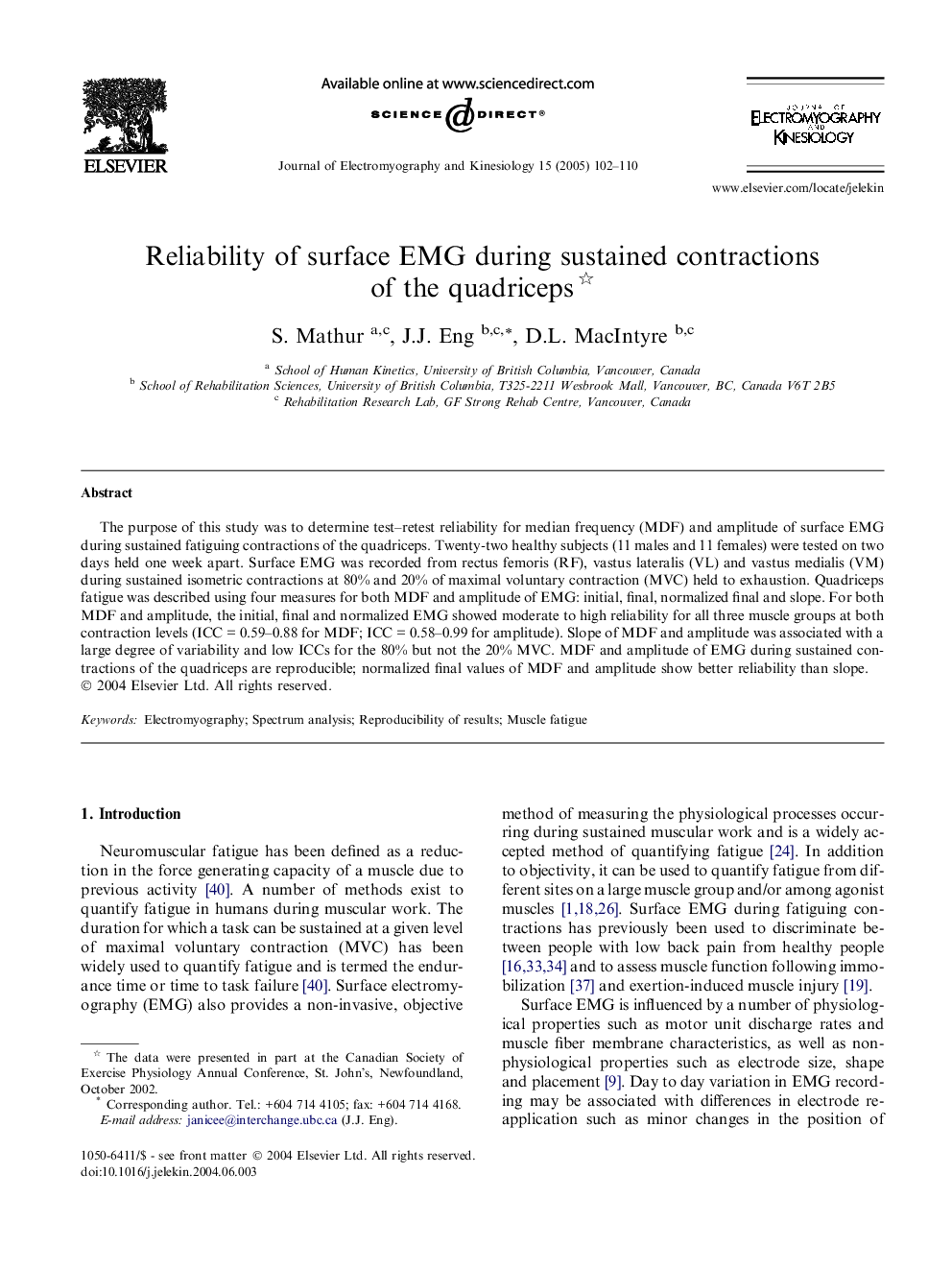 Reliability of surface EMG during sustained contractions of the quadriceps