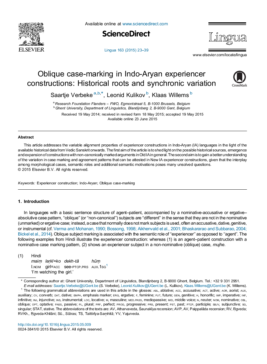 Oblique case-marking in Indo-Aryan experiencer constructions: Historical roots and synchronic variation
