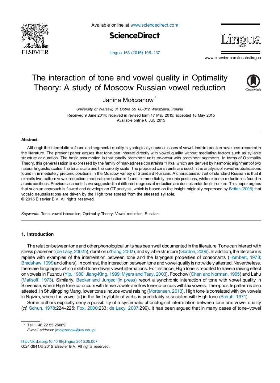 The interaction of tone and vowel quality in Optimality Theory: A study of Moscow Russian vowel reduction