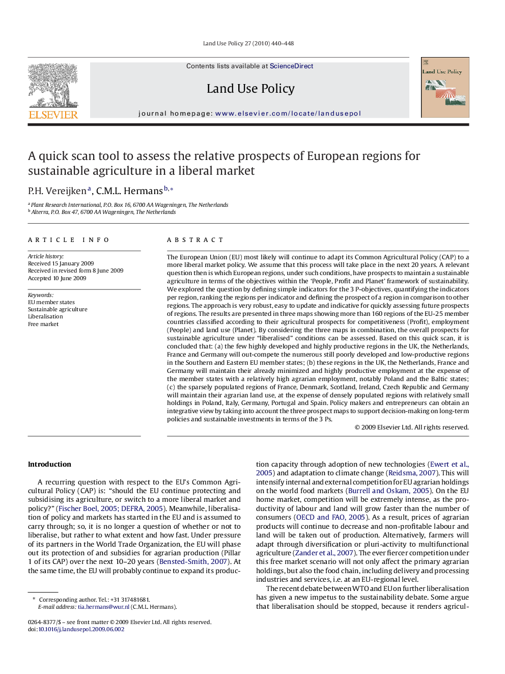 A quick scan tool to assess the relative prospects of European regions for sustainable agriculture in a liberal market