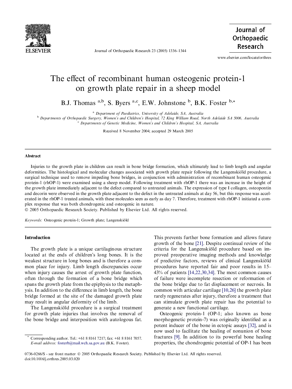 The effect of recombinant human osteogenic protein-1 on growth plate repair in a sheep model