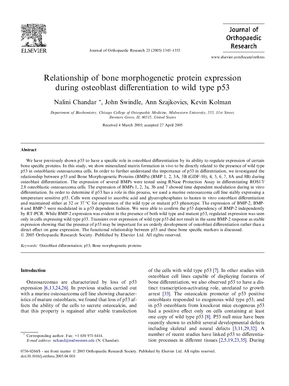 Relationship of bone morphogenetic protein expression during osteoblast differentiation to wild type p53