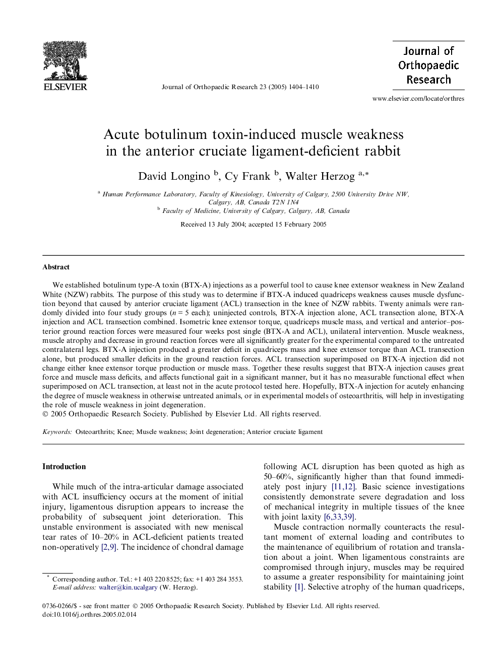 Acute botulinum toxin-induced muscle weakness in the anterior cruciate ligament-deficient rabbit