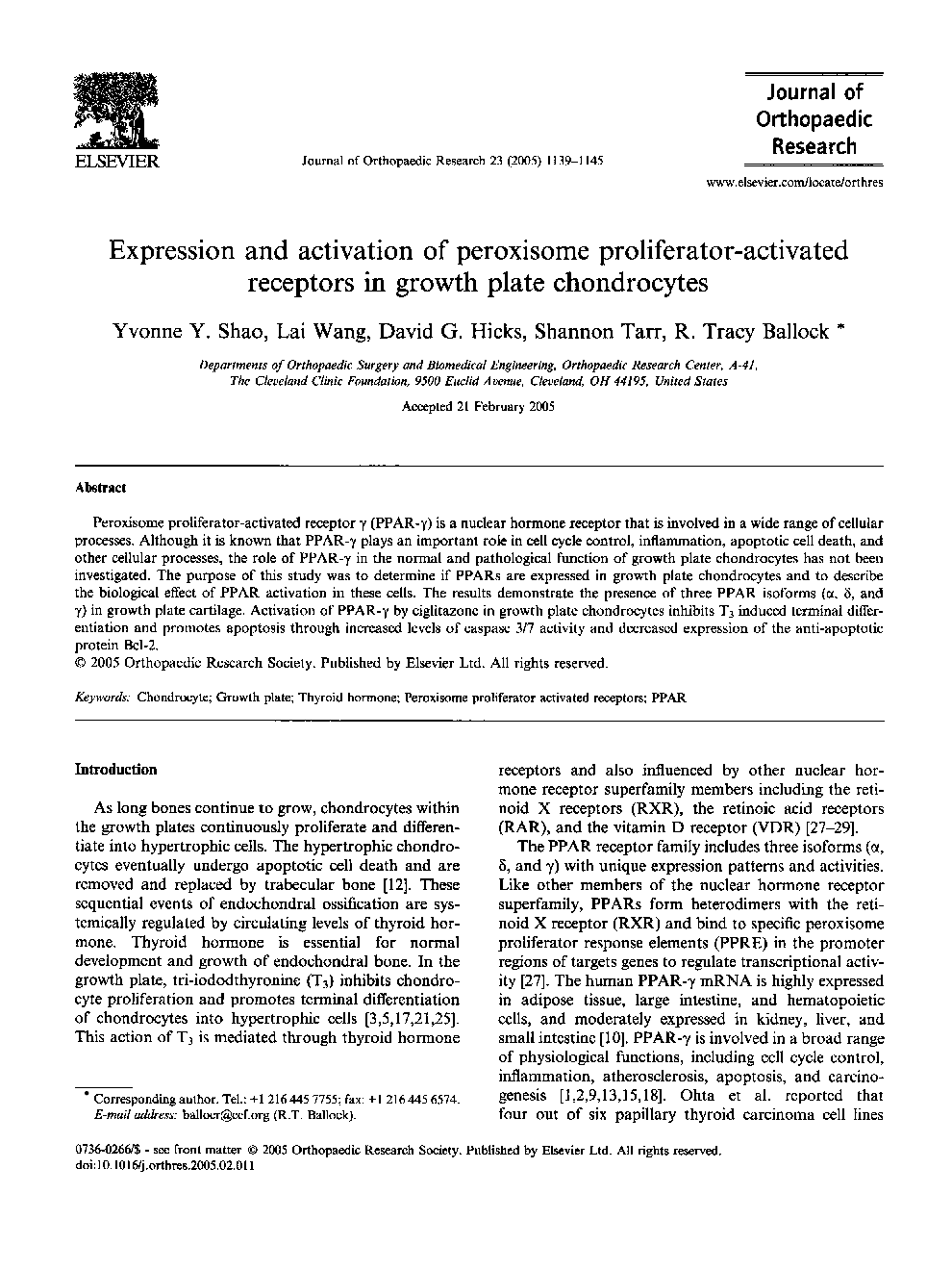 Expression and activation of peroxisome proliferator-activated receptors in growth plate chondrocytes