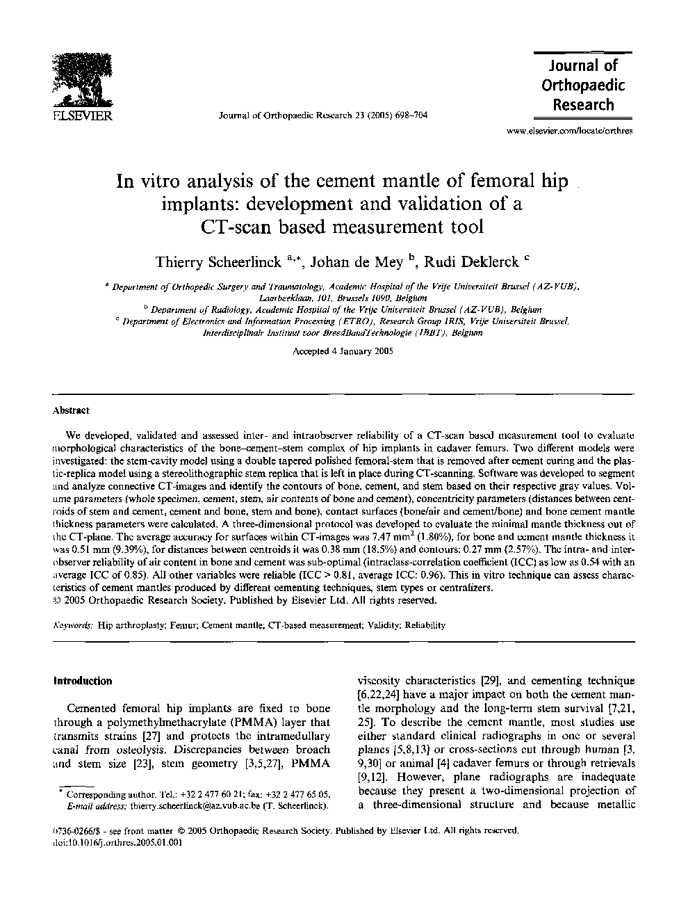 In vitro analysis of the cement mantle of femoral hip implants: development and validation of a CT-scan based measurement tool