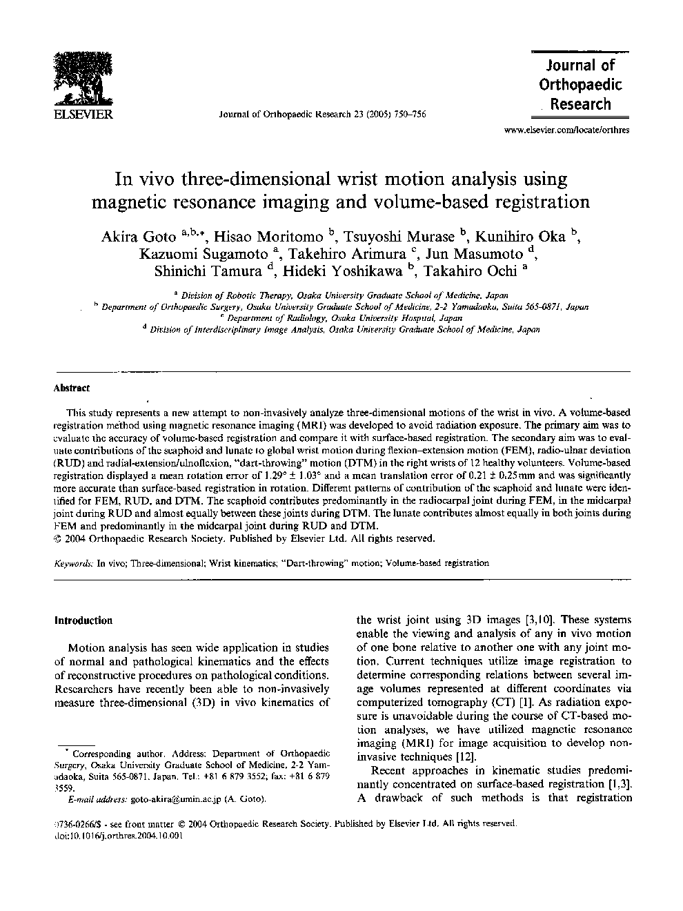 In vivo three-dimensional wrist motion analysis using magnetic resonance imaging and volume-based registration