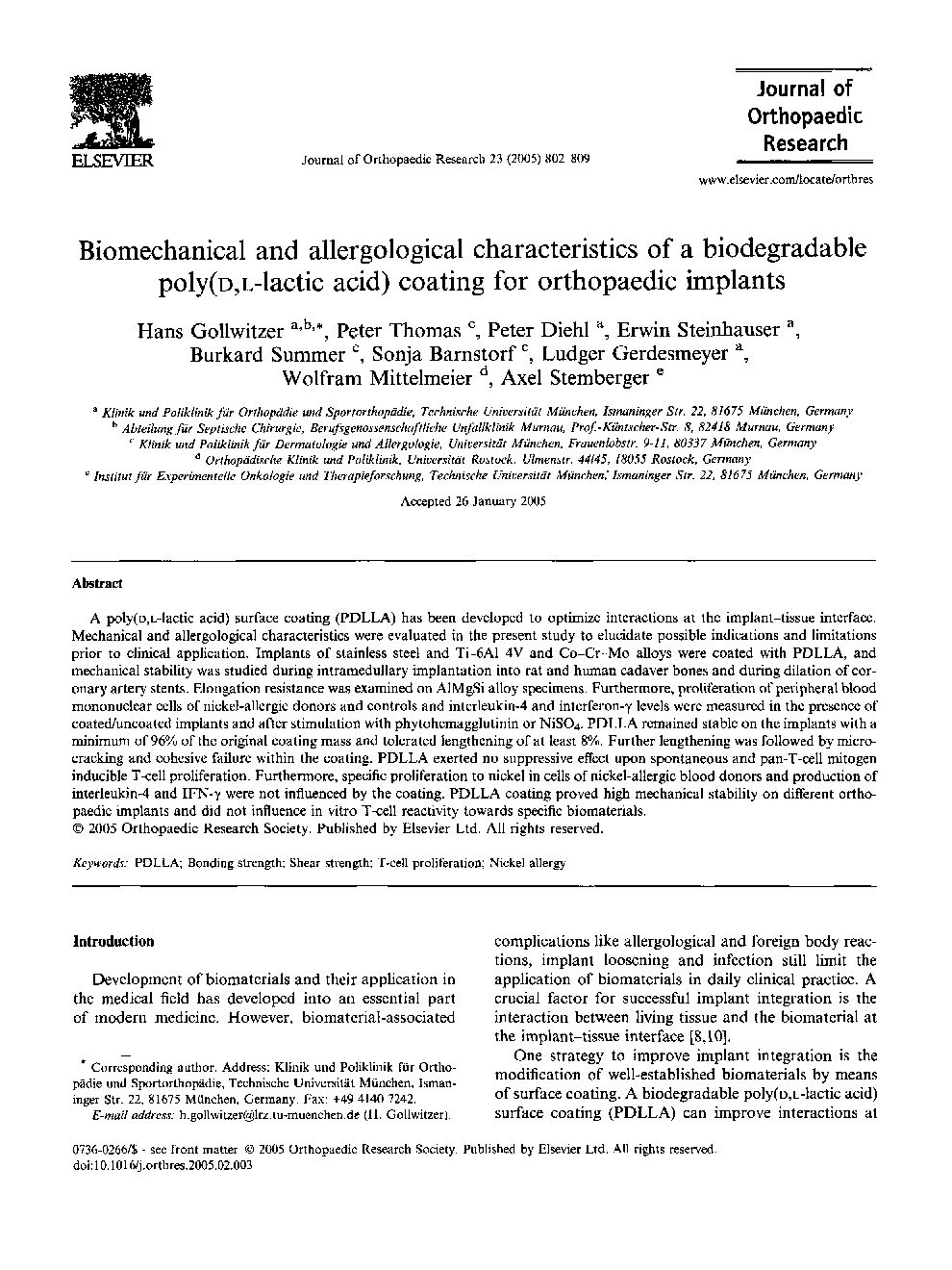 Biomechanical and allergological characteristics of a biodegradable poly(d,l-lactic acid) coating for orthopaedic implants