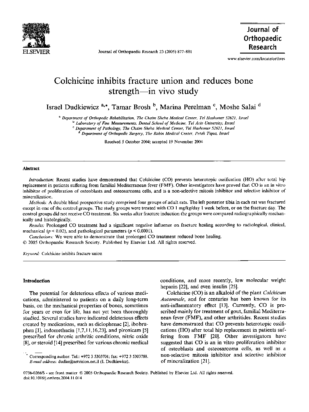 Colchicine inhibits fracture union and reduces bone strength-in vivo study