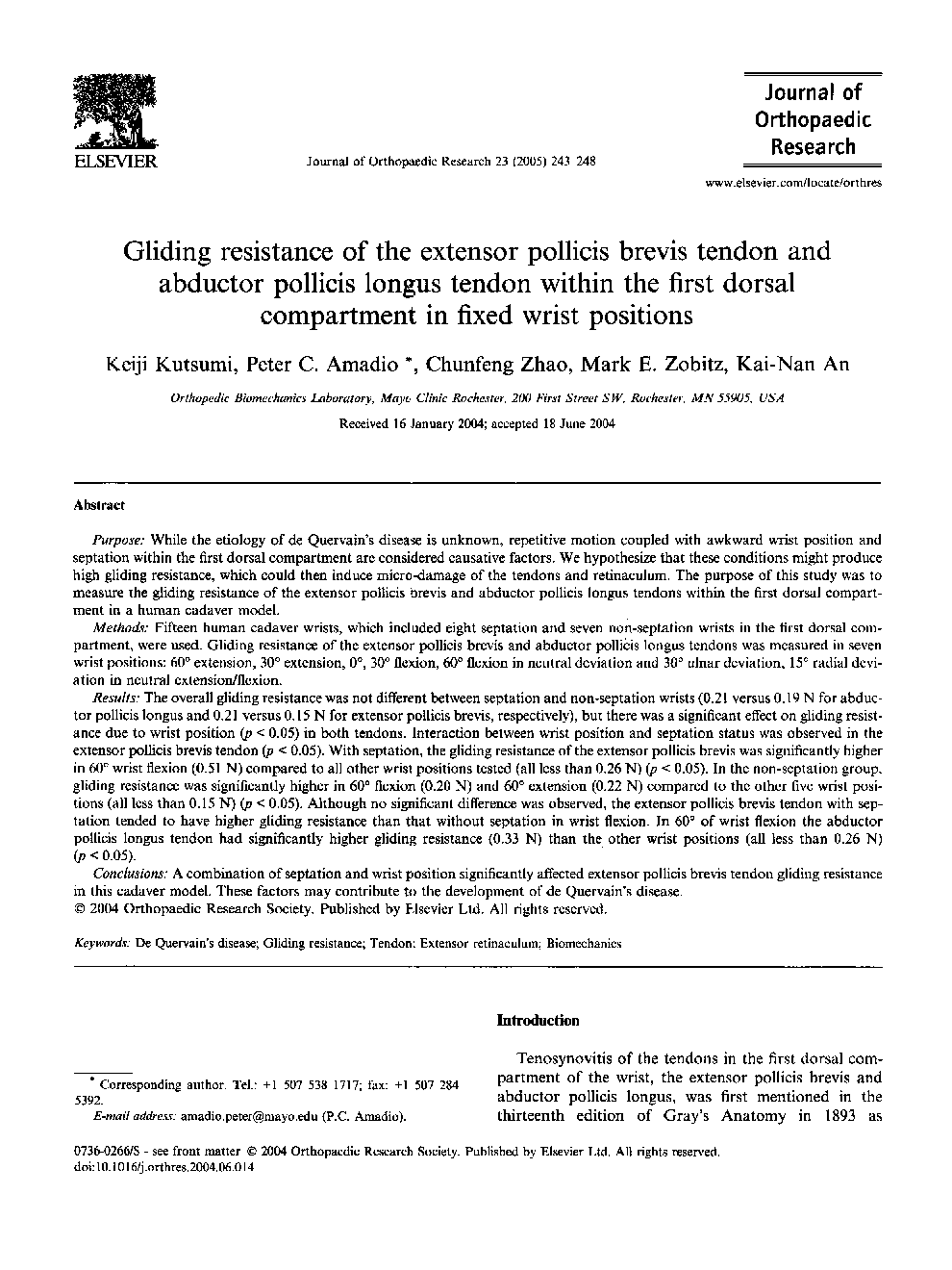 Gliding resistance of the extensor pollicis brevis tendon and abductor pollicis longus tendon within the first dorsal compartment in fixed wrist positions