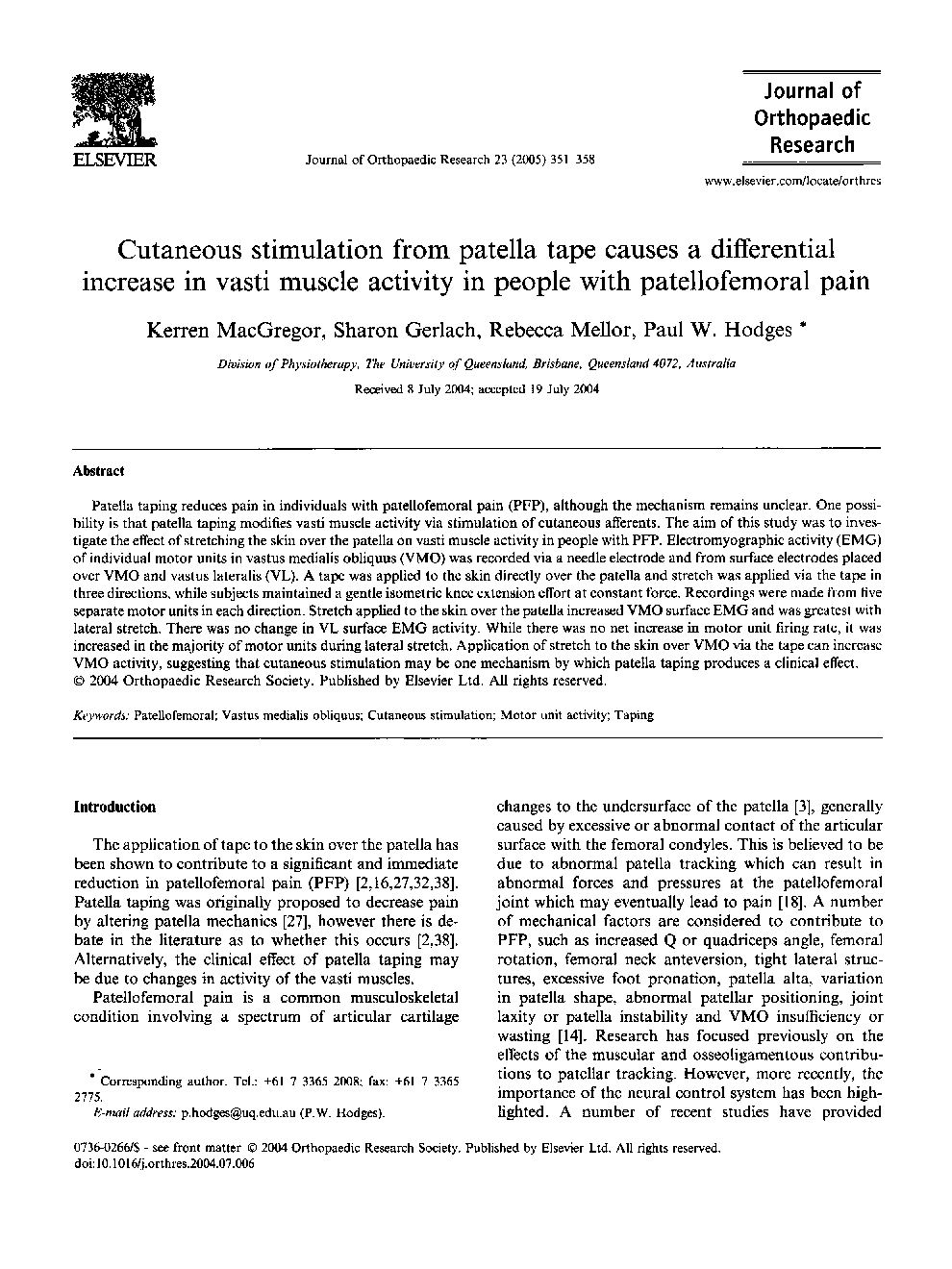 Cutaneous stimulation from patella tape causes a differential increase in vasti muscle activity in people with patellofemoral pain