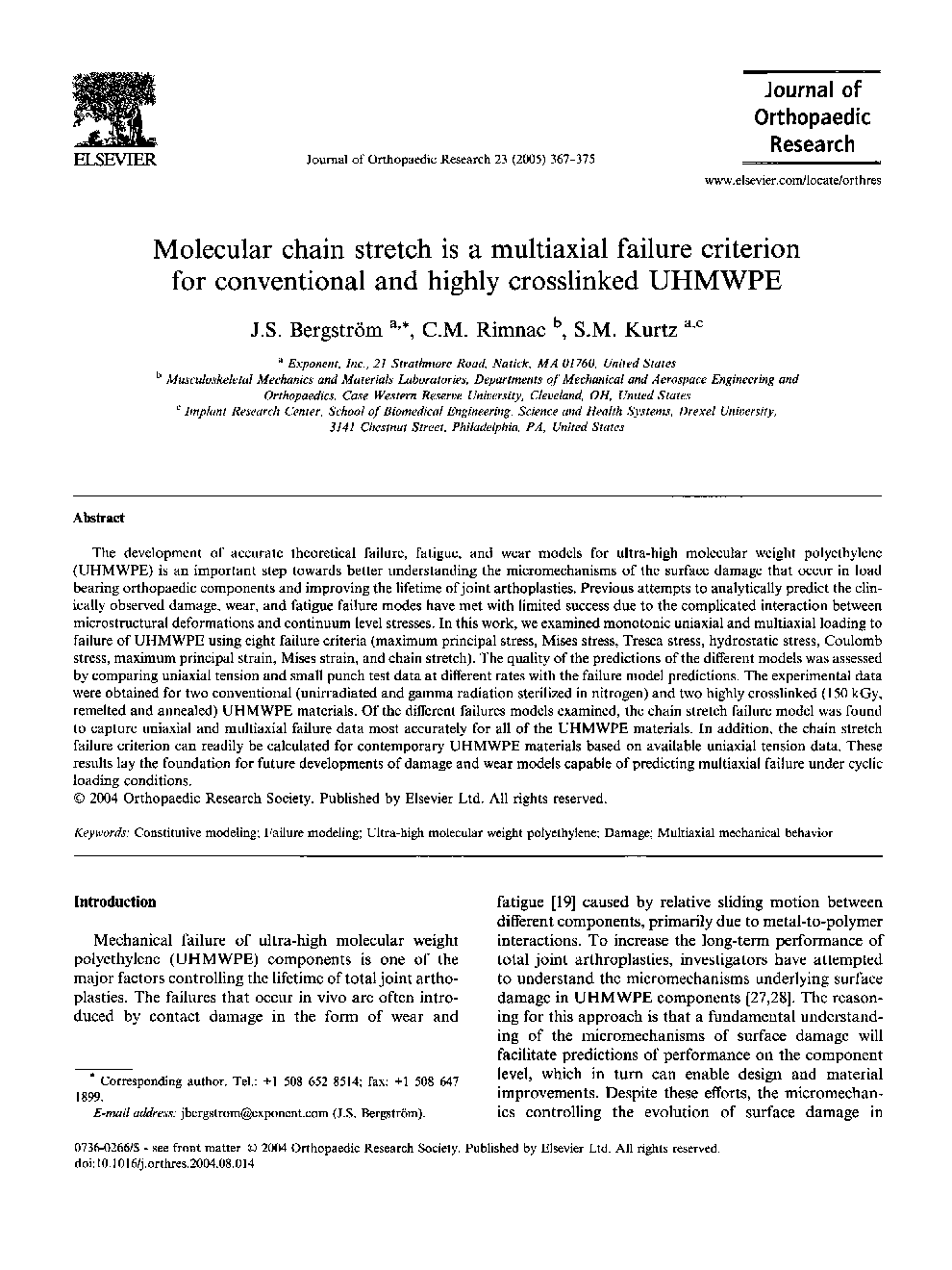 Molecular chain stretch is a multiaxial failure criterion for conventional and highly crosslinked UHMWPE