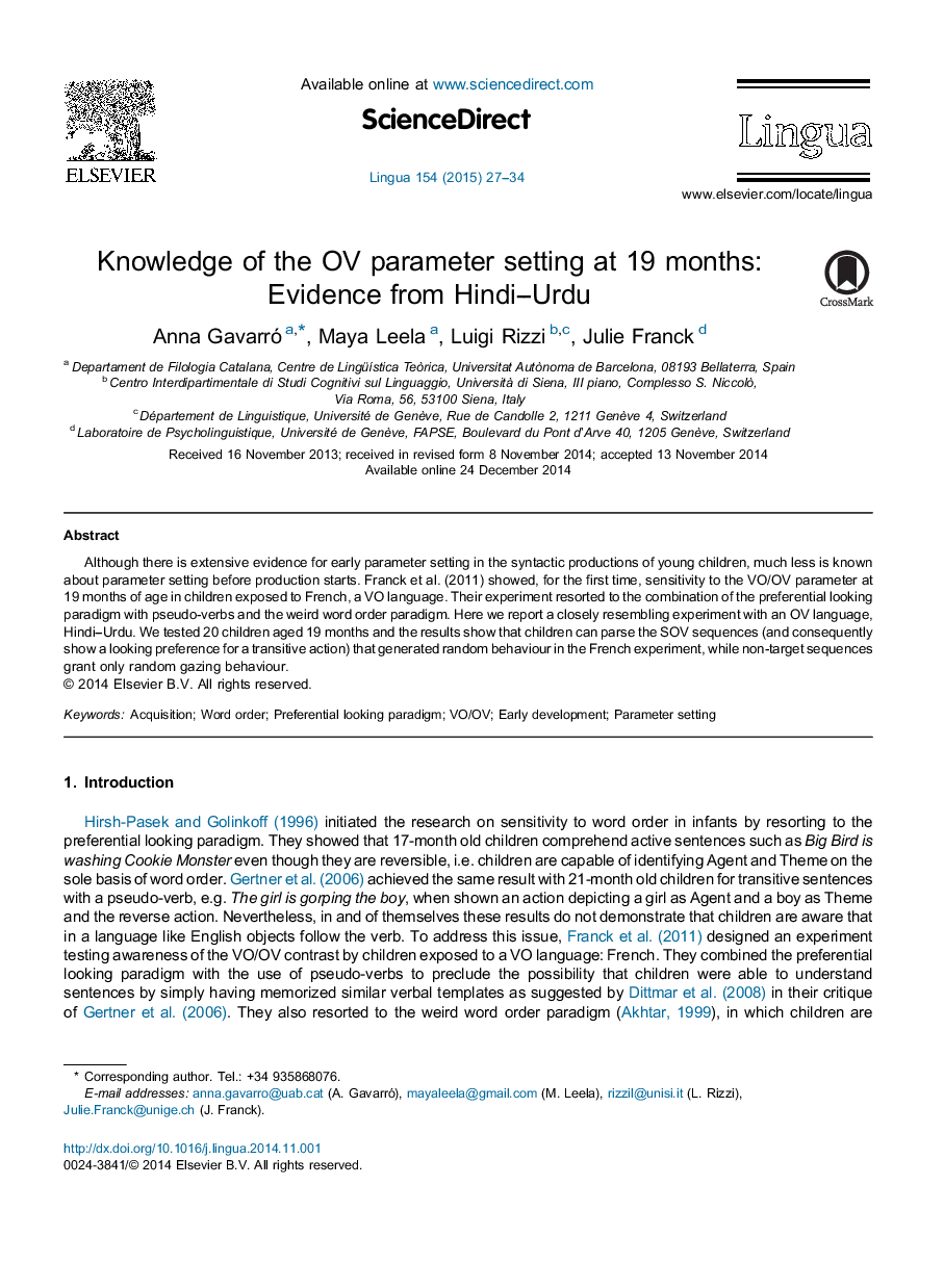 Knowledge of the OV parameter setting at 19 months: Evidence from Hindi–Urdu