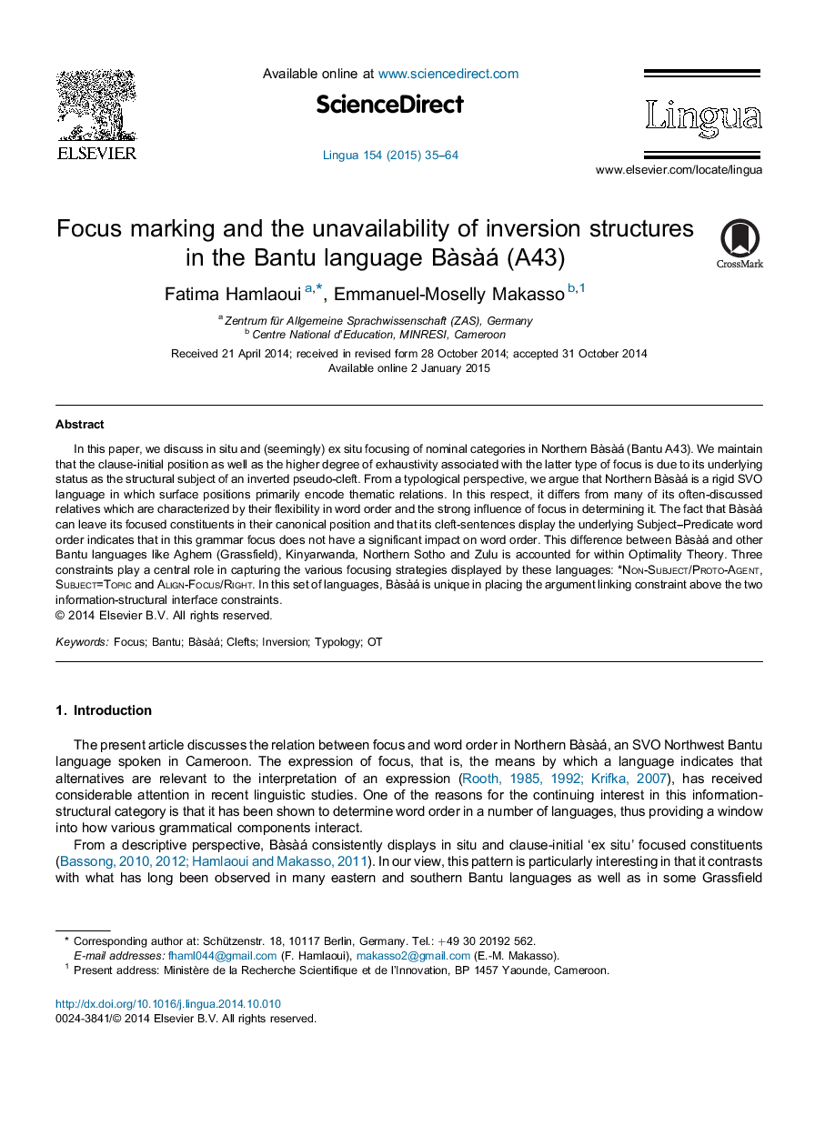Focus marking and the unavailability of inversion structures in the Bantu language Bàsàá (A43)