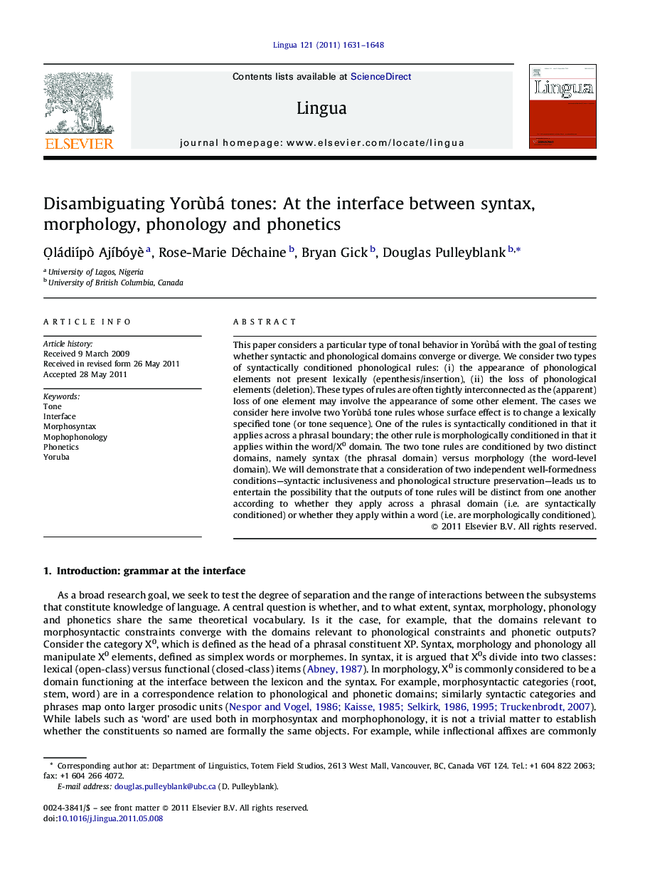 Disambiguating Yorùbá tones: At the interface between syntax, morphology, phonology and phonetics