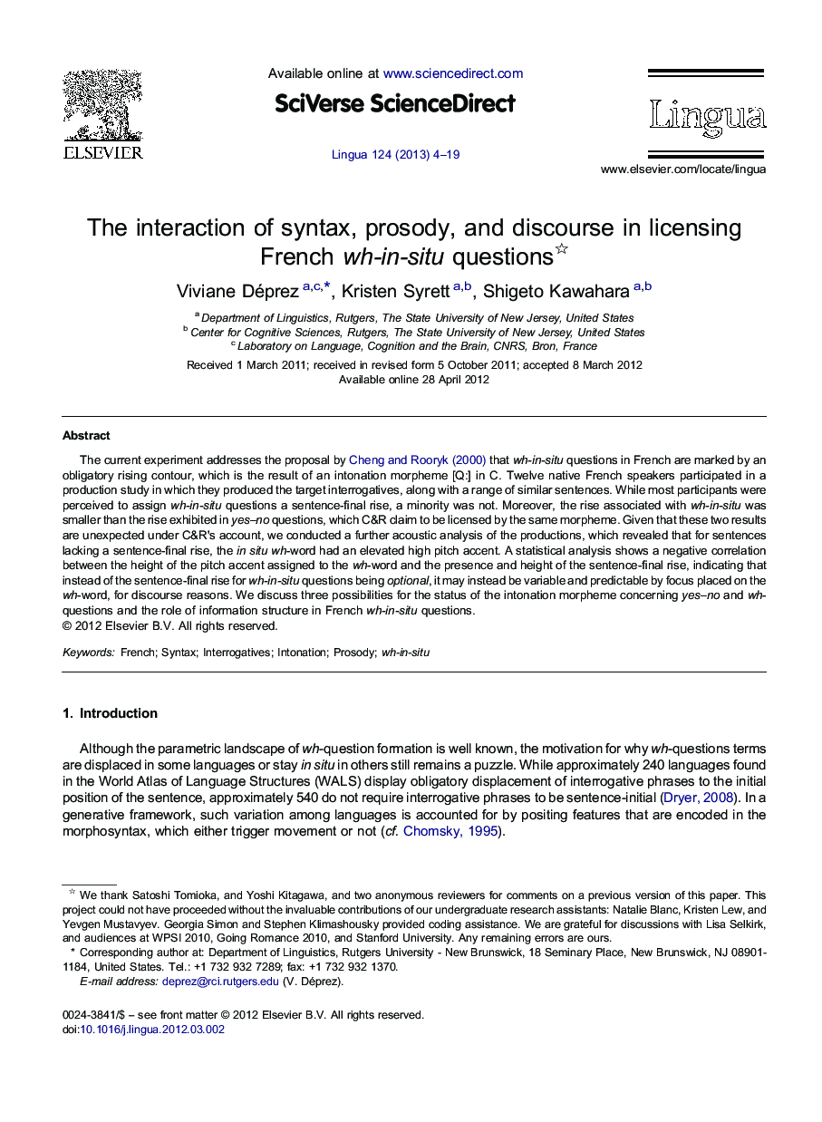 The interaction of syntax, prosody, and discourse in licensing French wh-in-situ questions 