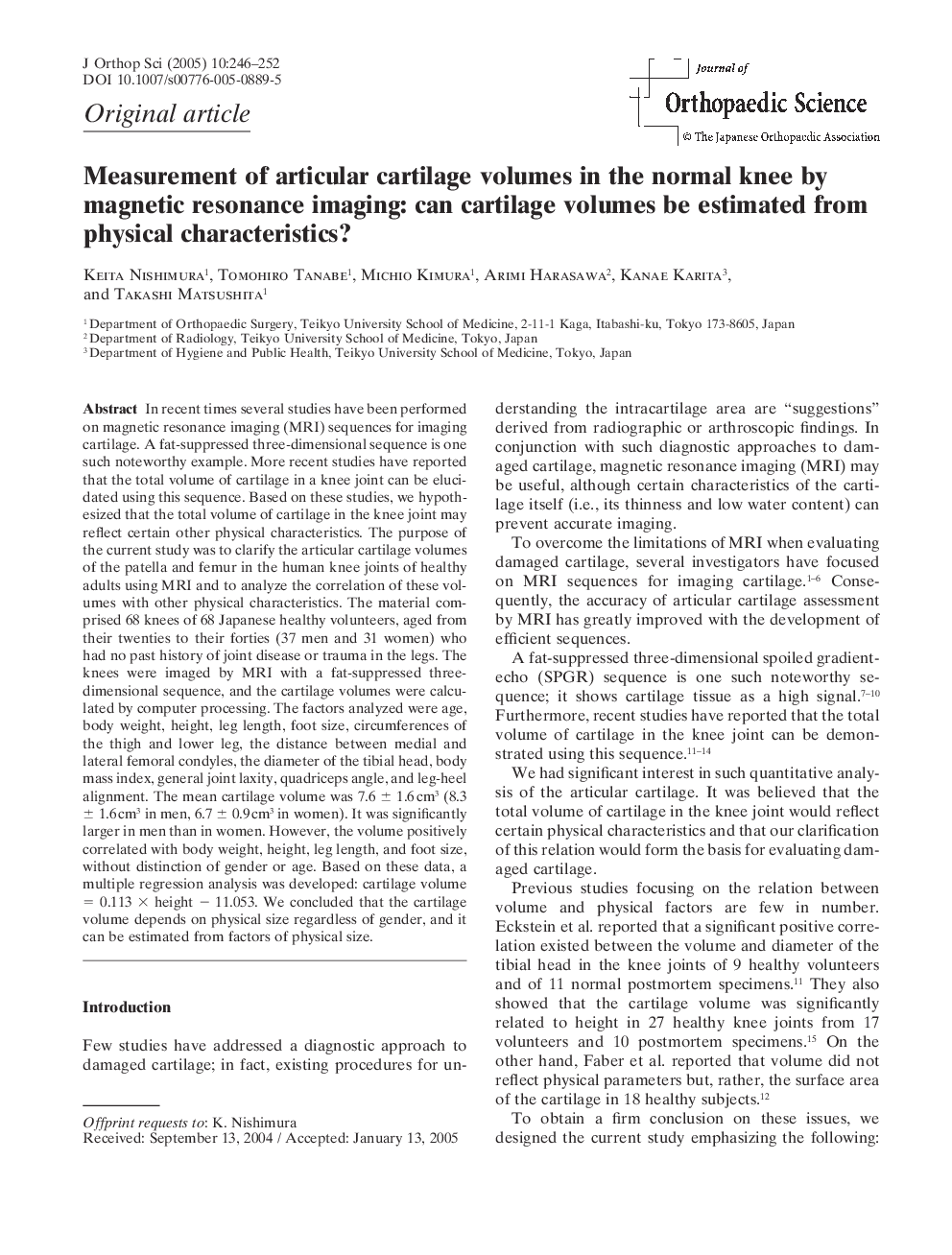 Measurement of articular cartilage volumes in the normal knee by magnetic resonance imaging: can cartilage volumes be estimated from physical characteristics?