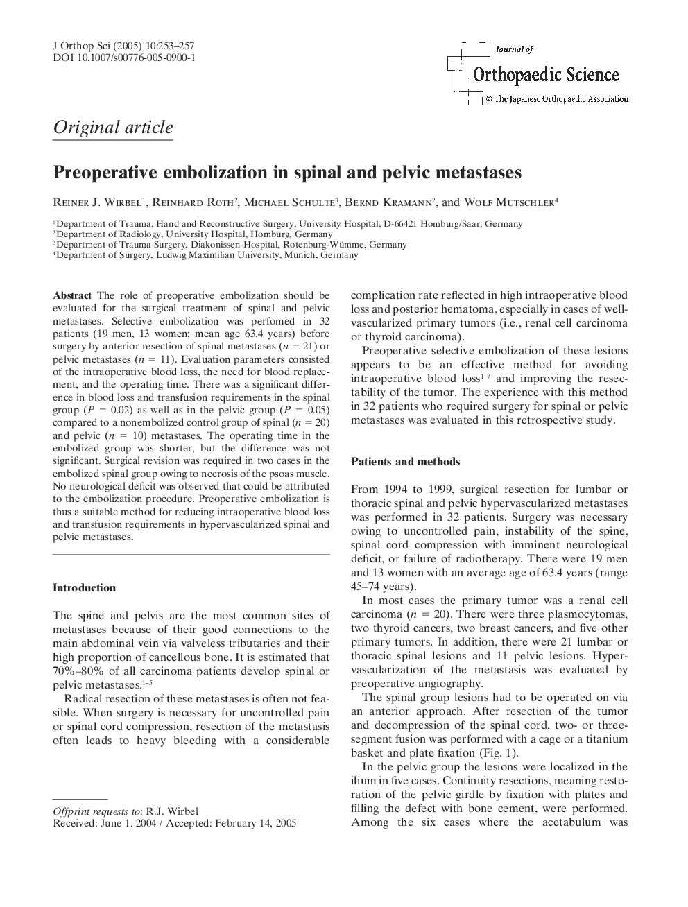عکس صفحه اول مقاله: Preoperative embolization in spinal and pelvic metastases Preoperative embolization in spinal and pelvic metastases