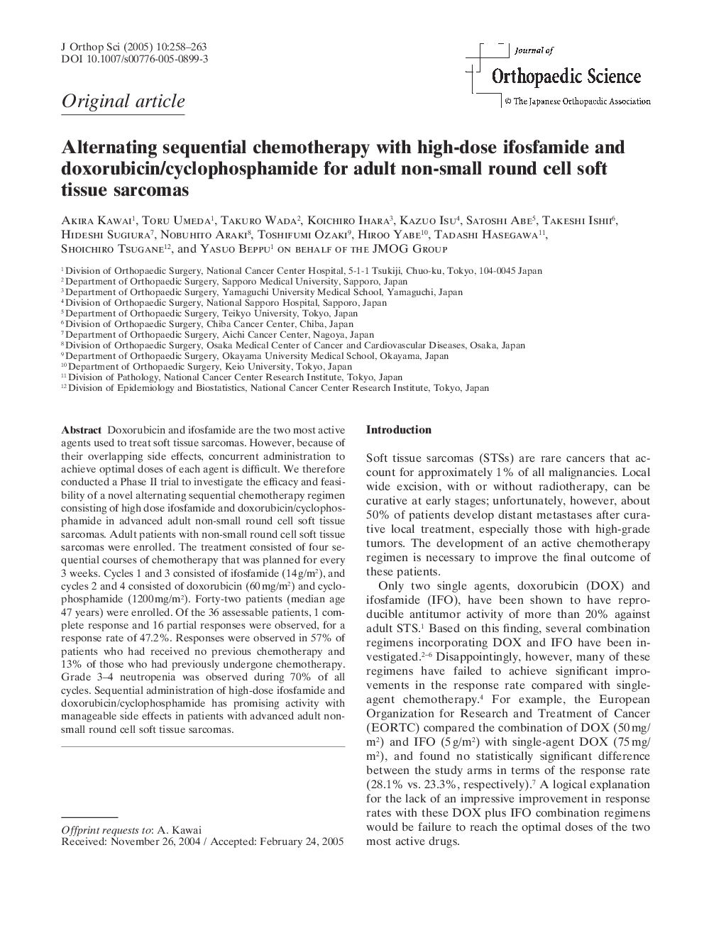 Alternating sequential chemotherapy with high-dose ifosfamide and doxorubicin/cyclophosphamide for adult non-small round cell soft tissue sarcomas