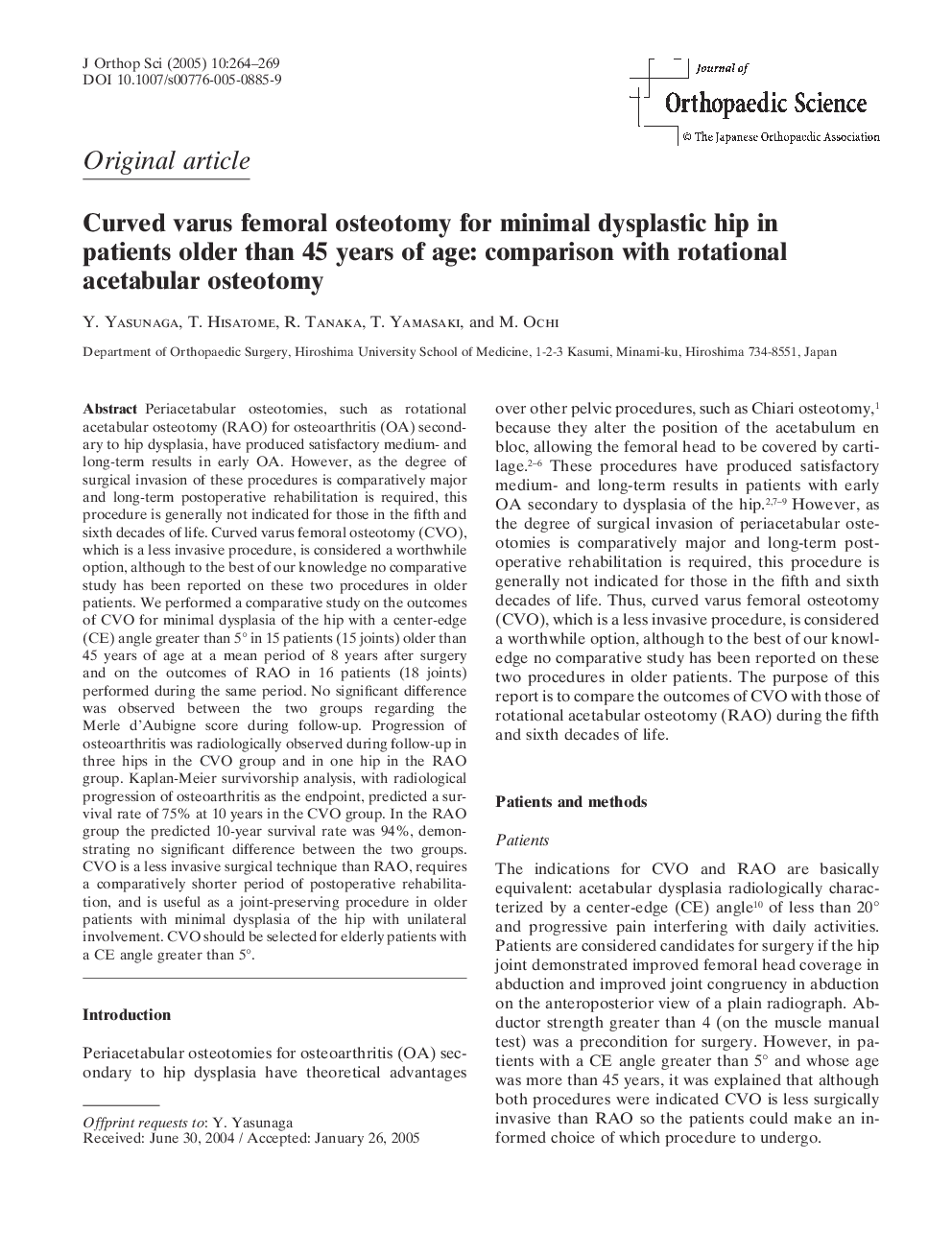 عکس صفحه اول مقاله: Curved varus femoral osteotomy for minimal dysplastic hip in patients older than 45 years of age: comparison with rotational acetabular osteotomy Curved varus femoral osteotomy for minimal dysplastic hip in patients older than 45 years of age: comparison with rotational acetabular osteotomy