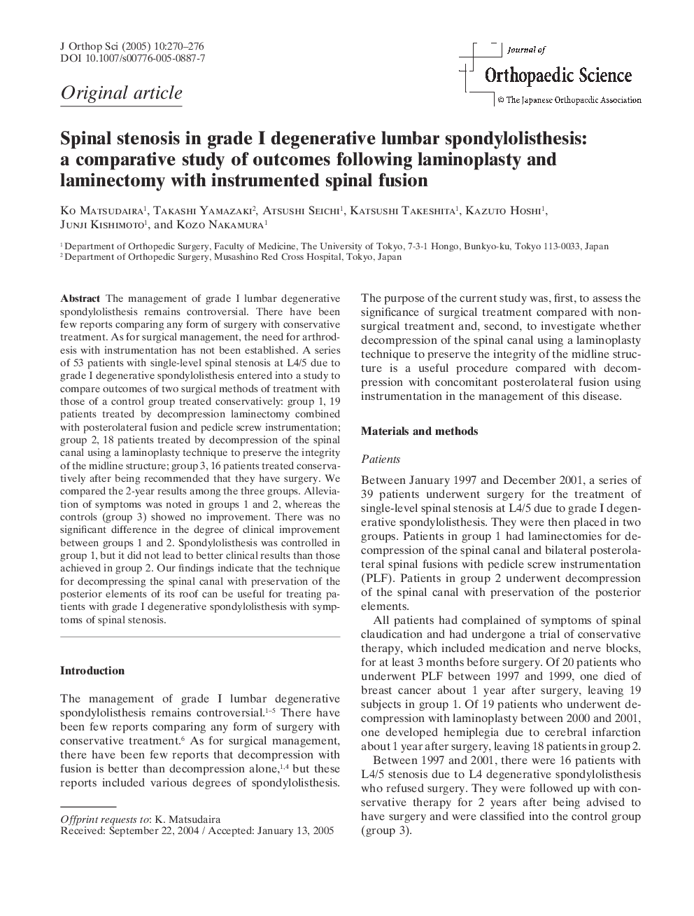 Spinal stenosis in grade I degenerative lumbar spondylolisthesis: a comparative study of outcomes following laminoplasty and laminectomy with instrumented spinal fusion