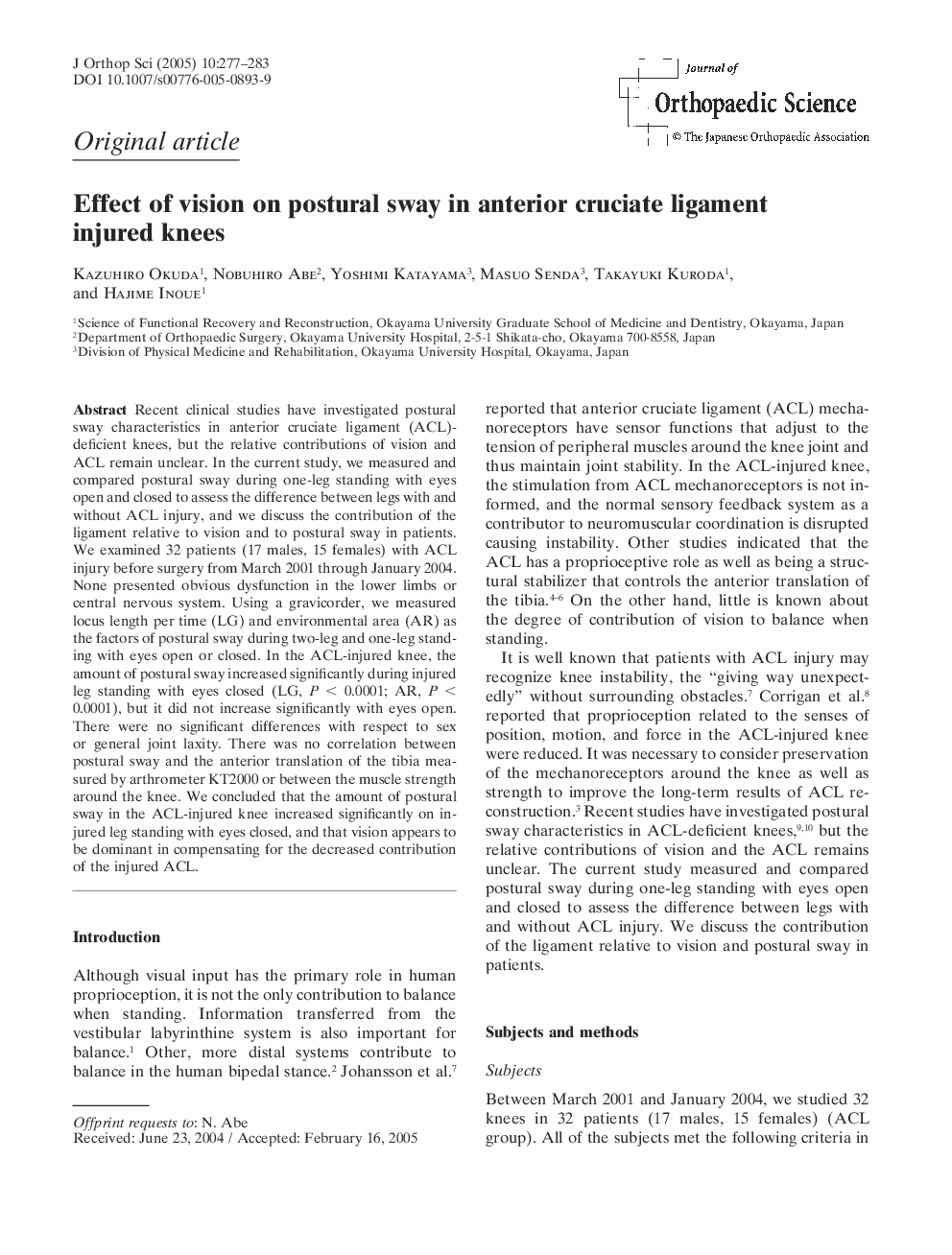 Effect of vision on postural sway in anterior cruciate ligament injured knees