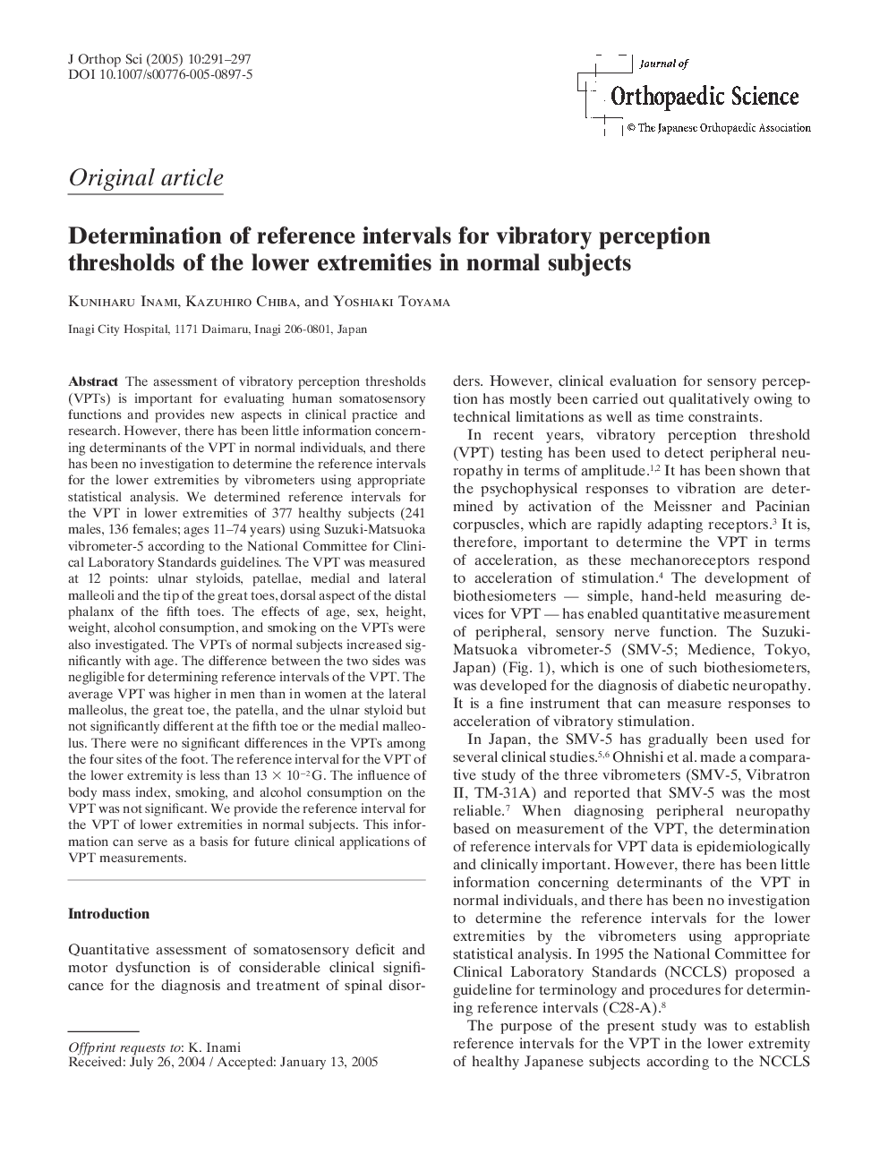 عکس صفحه اول مقاله: Determination of reference intervals for vibratory perception thresholds of the lower extremities in normal subjects Determination of reference intervals for vibratory perception thresholds of the lower extremities in normal subjects