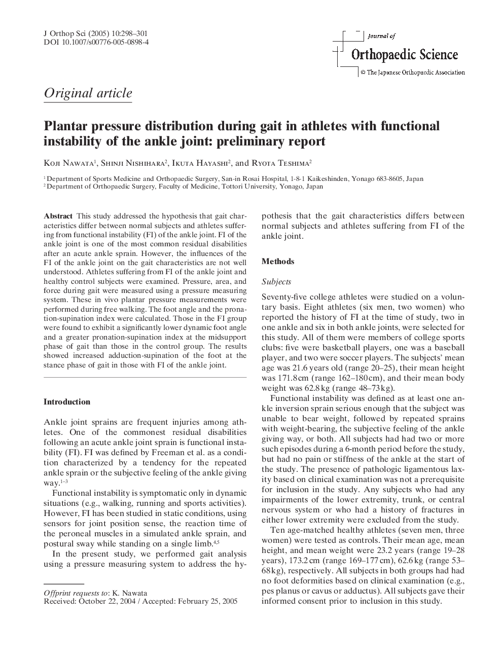 Plantar pressure distribution during gait in athletes with functional instability of the ankle joint: preliminary report