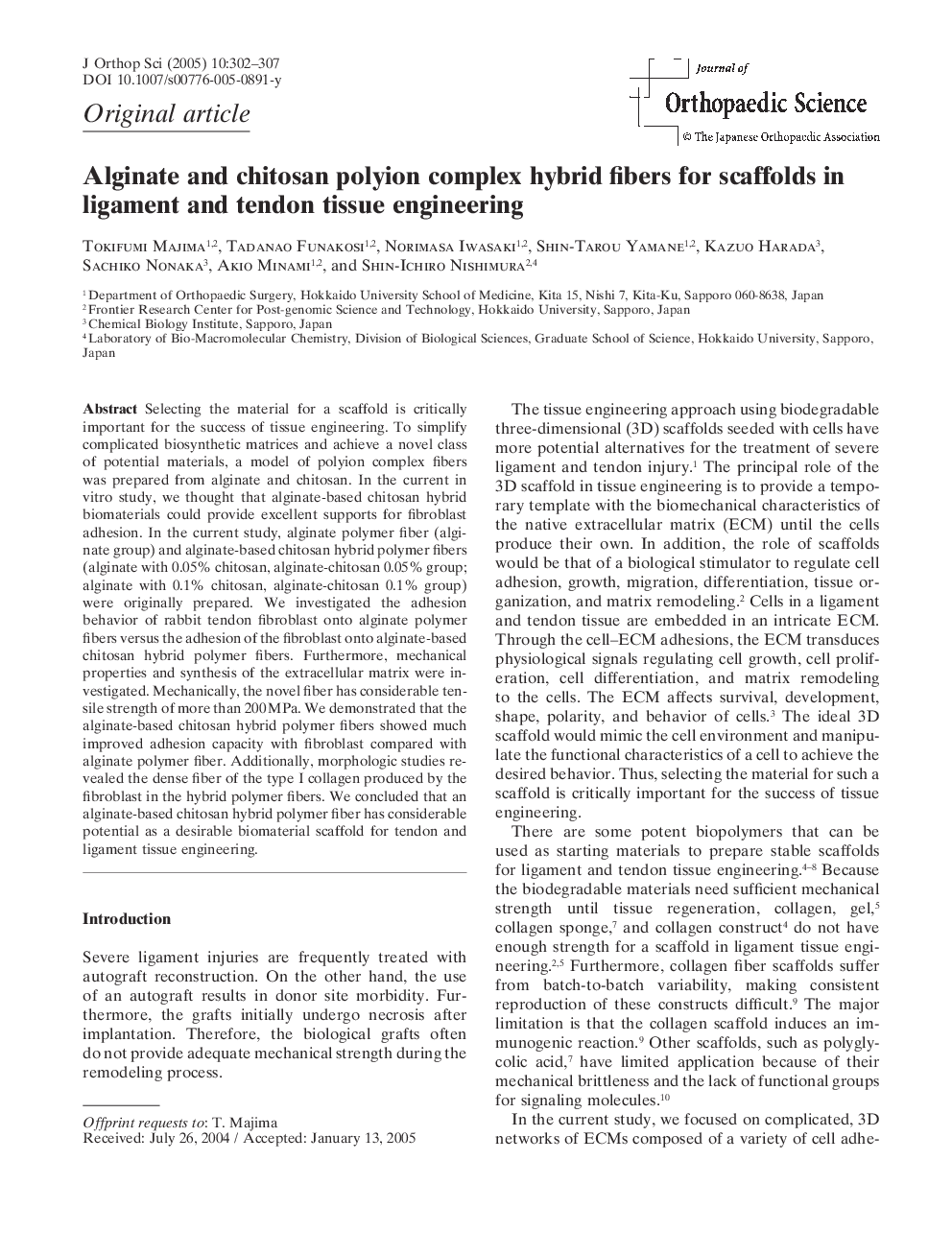 عکس صفحه اول مقاله: Alginate and chitosan polyion complex hybrid fibers for scaffolds in ligament and tendon tissue engineering Alginate and chitosan polyion complex hybrid fibers for scaffolds in ligament and tendon tissue engineering