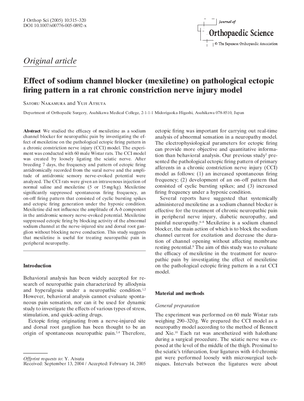Effect of sodium channel blocker (mexiletine) on pathological ectopic firing pattern in a rat chronic constriction nerve injury model