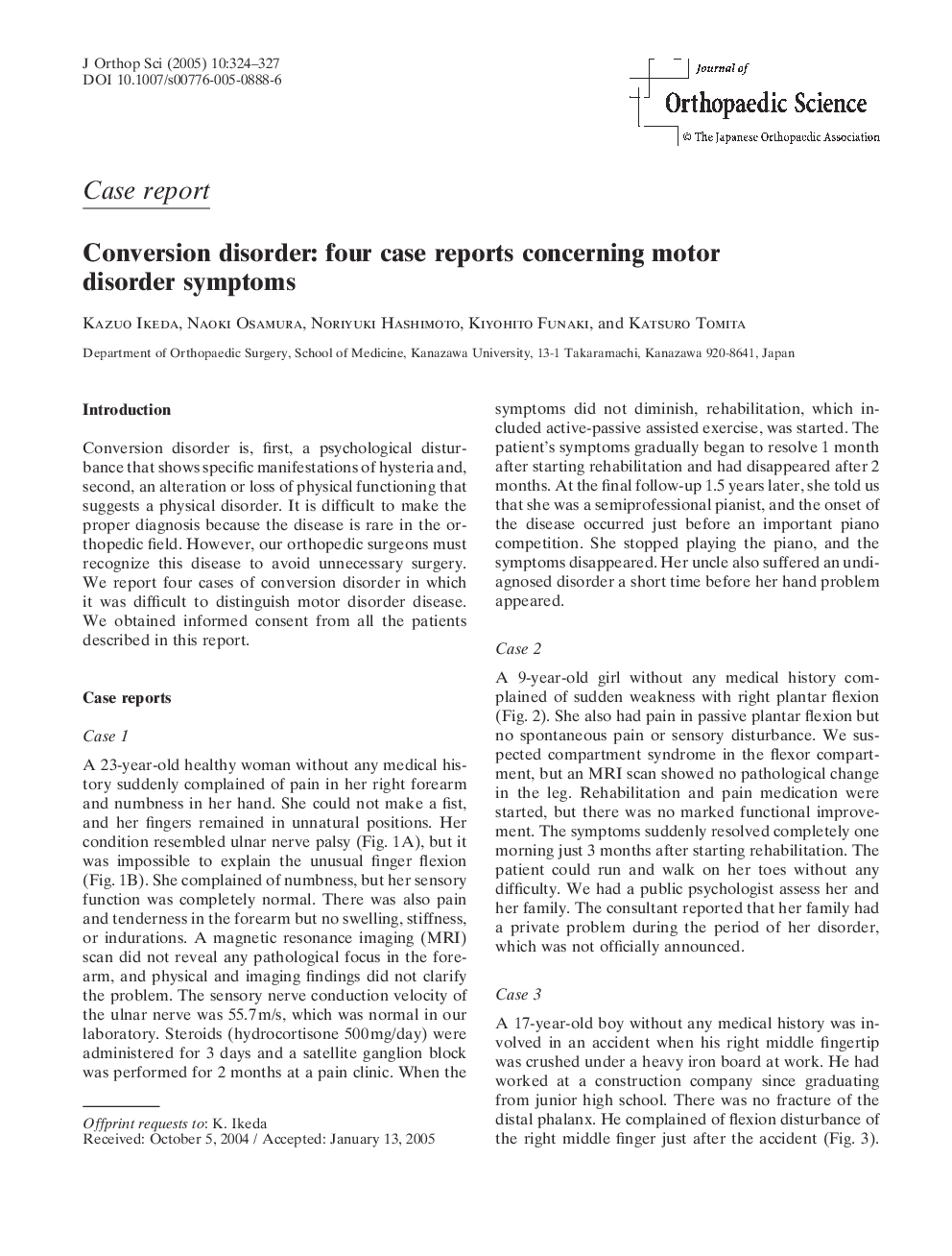 عکس صفحه اول مقاله: Conversion disorder: four case reports concerning motor disorder symptoms Conversion disorder: four case reports concerning motor disorder symptoms