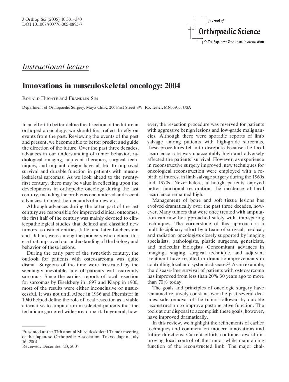 Innovations in musculoskeletal oncology: 2004