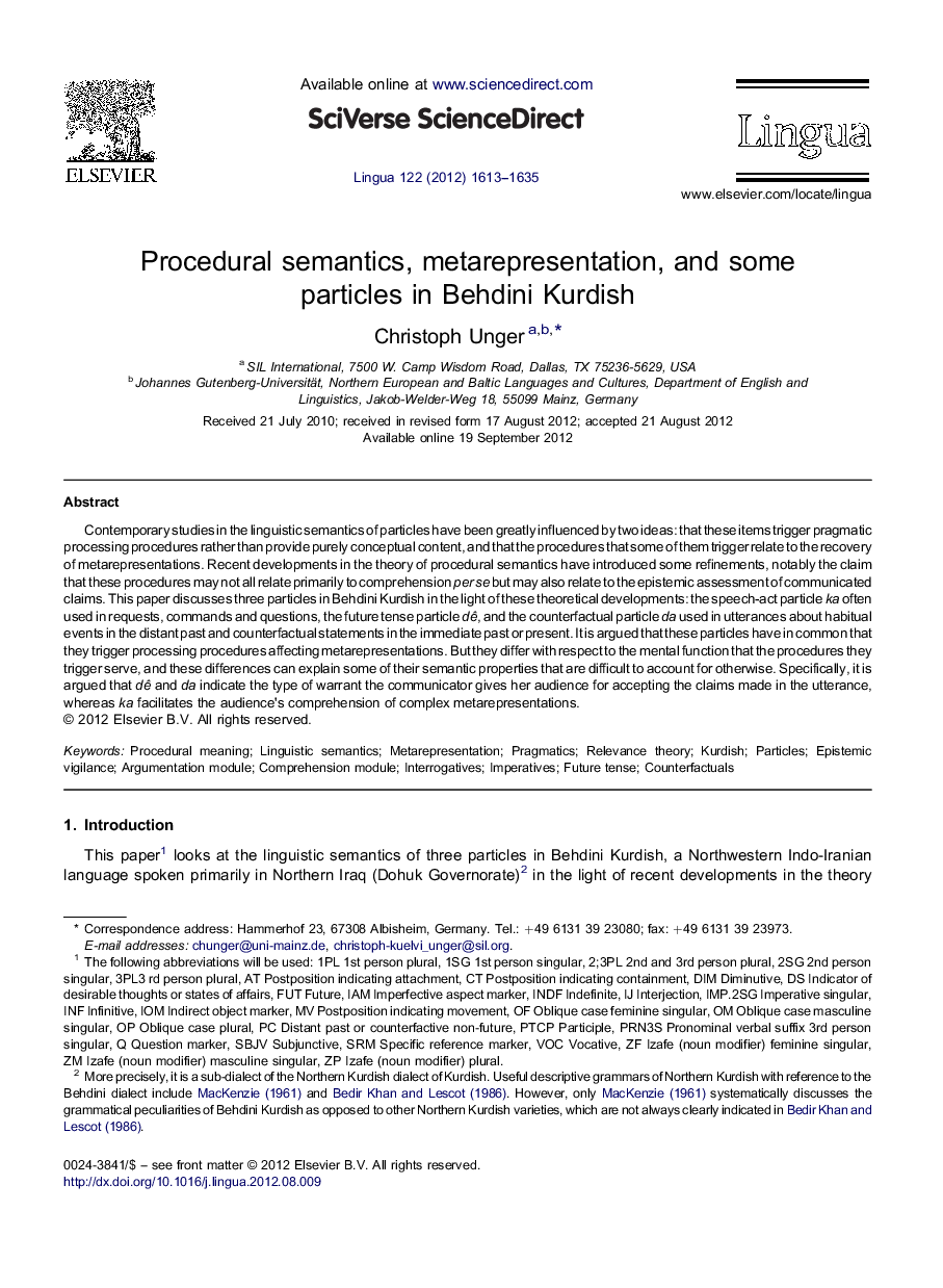 Procedural semantics, metarepresentation, and some particles in Behdini Kurdish