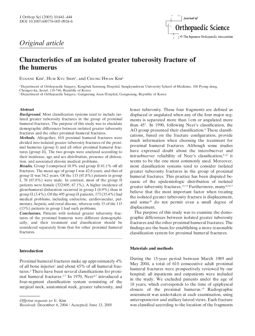 Characteristics of an isolated greater tuberosity fracture of the humerus