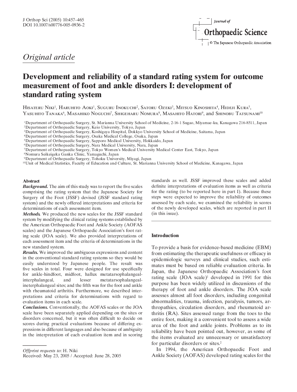 Development reliability of a standard rating system for outcome measurement of foot ankle disorders I: development of standard rating system