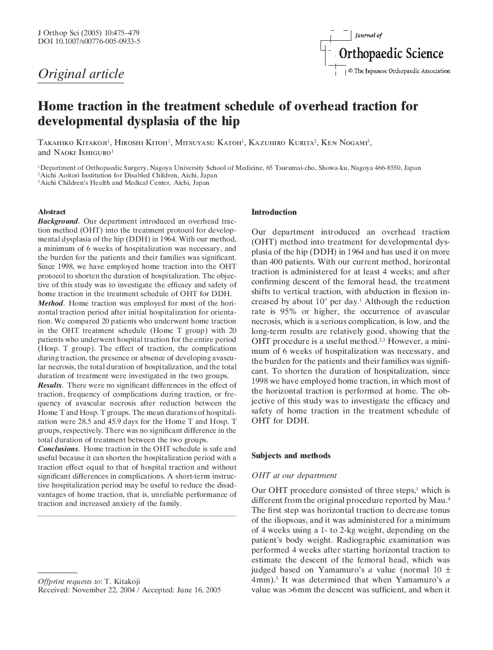 Home traction in the treatment schedule of overhead traction for developmental dysplasia of the hip