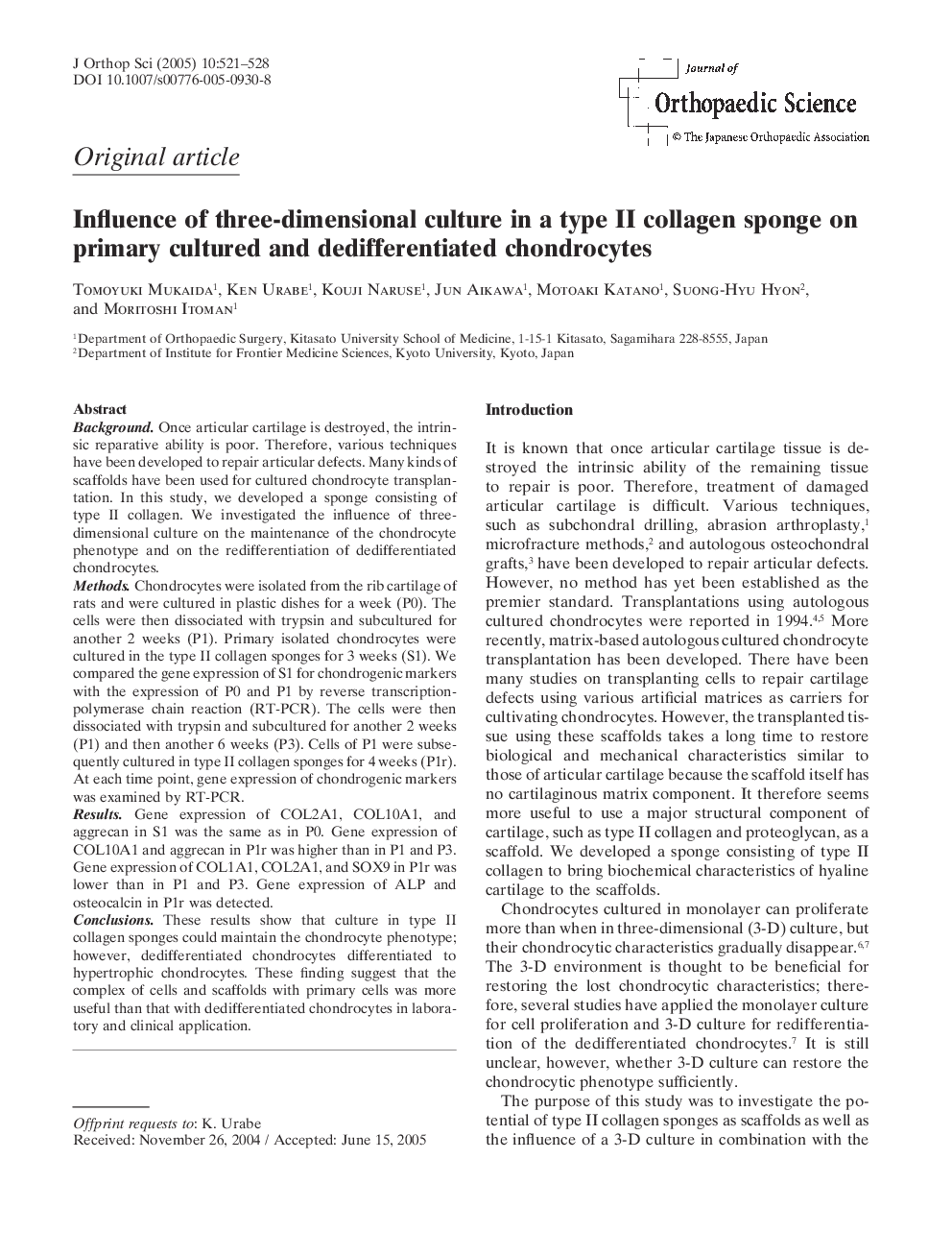 Influence of three-dimensional culture in a type II collagen sponge on primary cultured and dedifferentiated chondrocytes