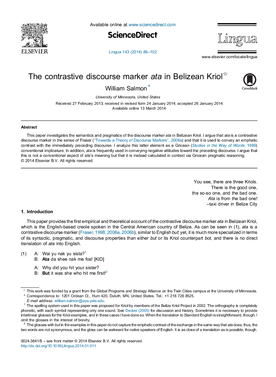 The contrastive discourse marker ata in Belizean Kriol 