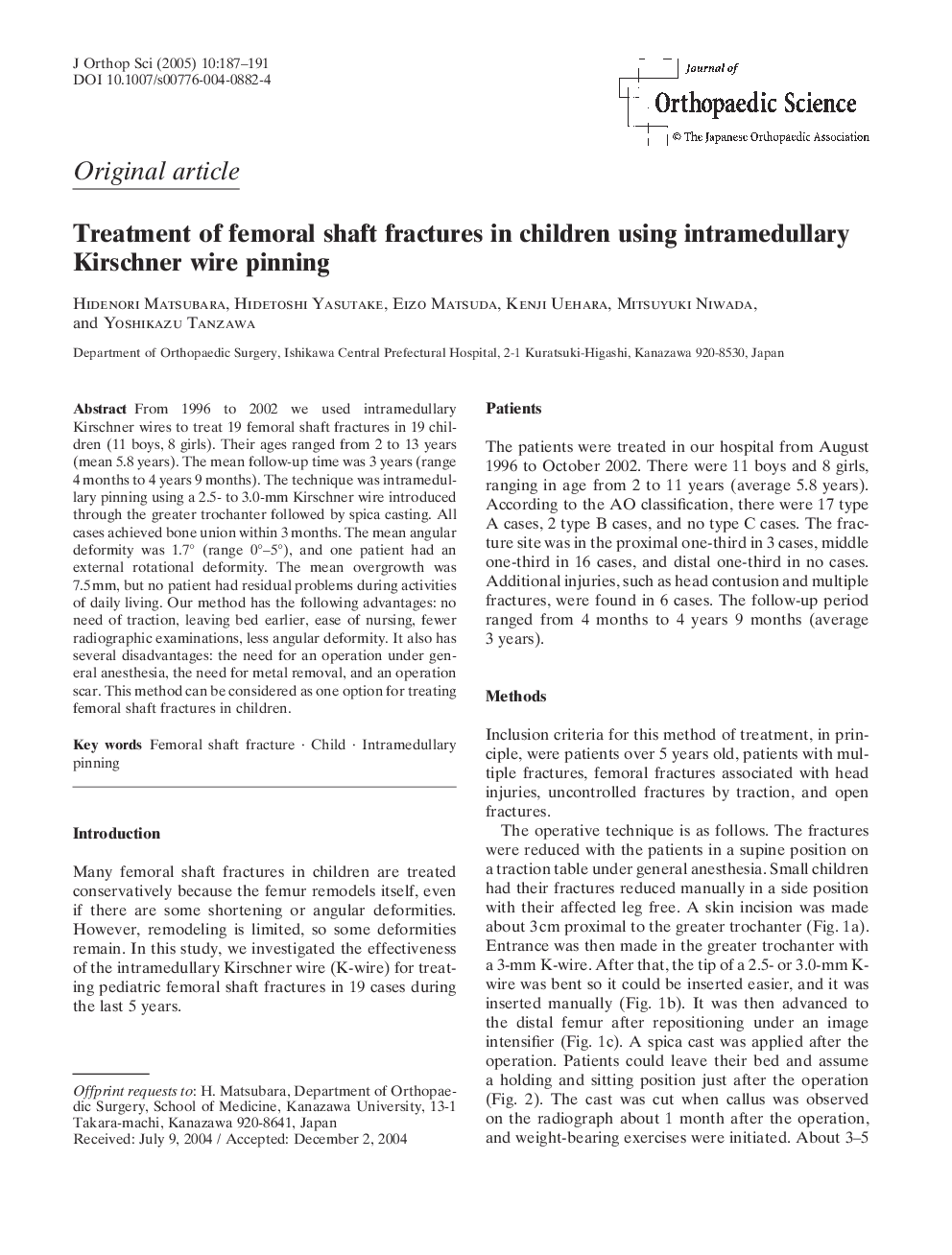 Treatment of femoral shaft fractures in children using intramedullary Kirschner wire pinning