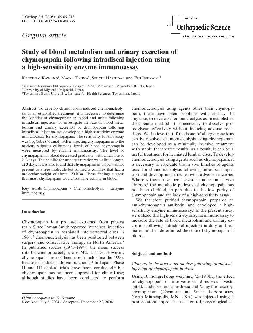 Study of blood metabolism and urinary excretion of chymopapain following intradiscal injection using a high-sensitivity enzyme immunoassay